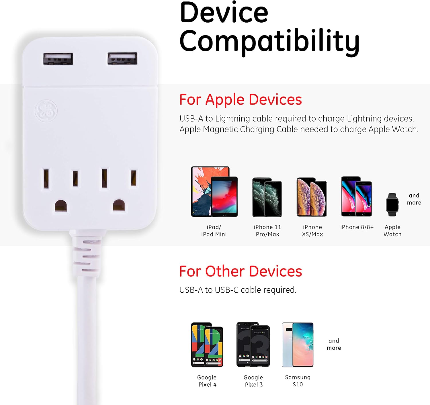 GE Pro Surge Protector Power Strip with USB Fast Charging, Extra Long 8Ft Extension Cord, Flat Plug, 2 Outlet, 2 USB ports, 2.4A, Wall Mount, Desktop Charging Station, 250J, Ul Listed, White, 32177