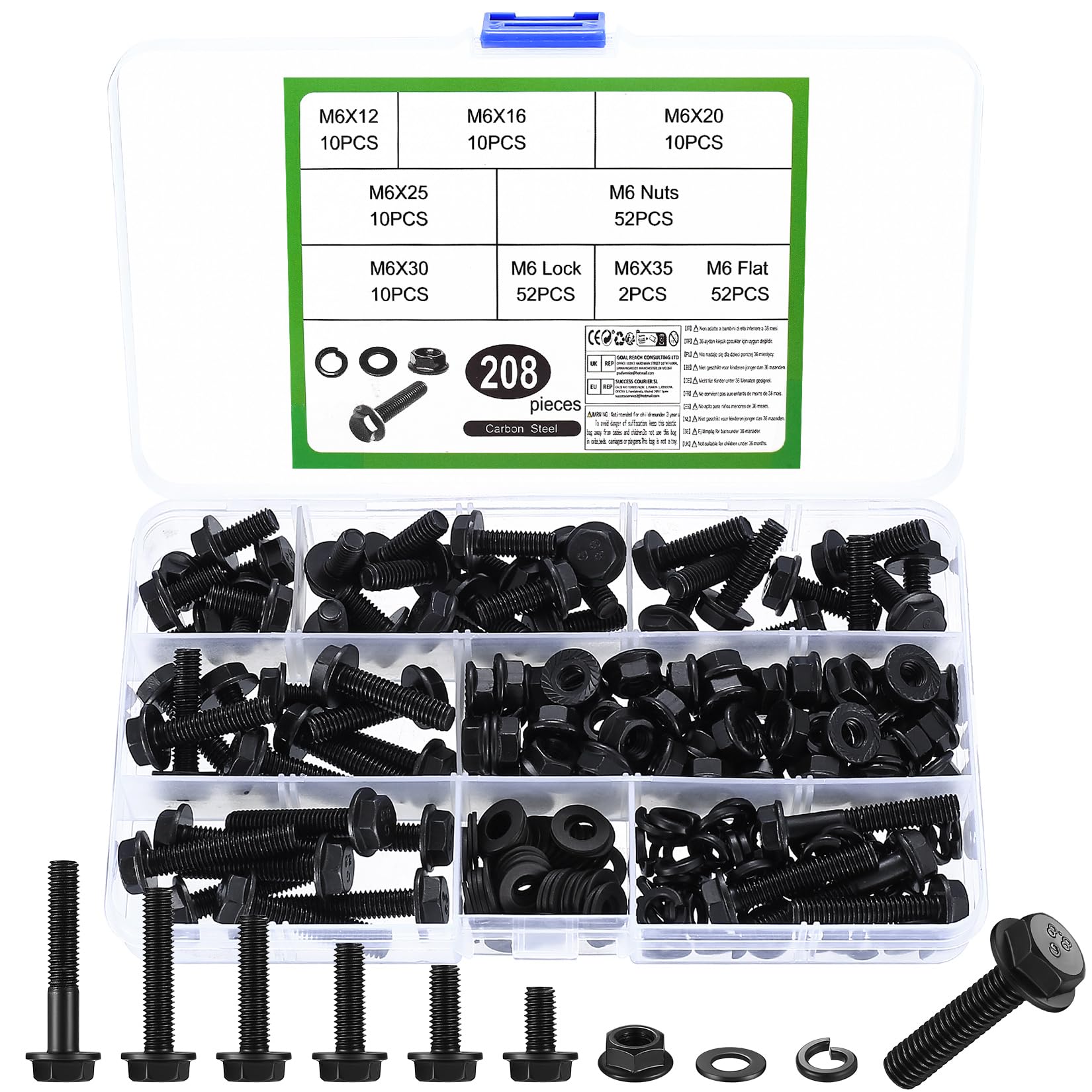 208 Pcs M6 Nuts and Bolts Set, Hex Serrated Flange Bolts and Nuts Set, Metric Flanged Hex Head Bolts and Nuts Assortment Kit, Black Assorted Machine Screws Flange Nuts Lock and Flat Washers Set (M6)