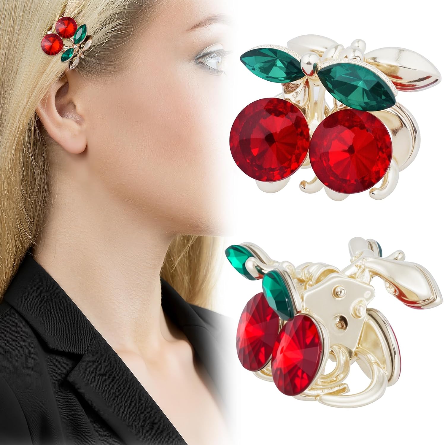 2 Pcs Small Cherry Hair Clips, Cute Red Rhinestone Claw Clips for Women, Electroplated Metal Fruit Claw Barrettes, Decorative Cherry Hair Accessories for Half Up Styles, Braids