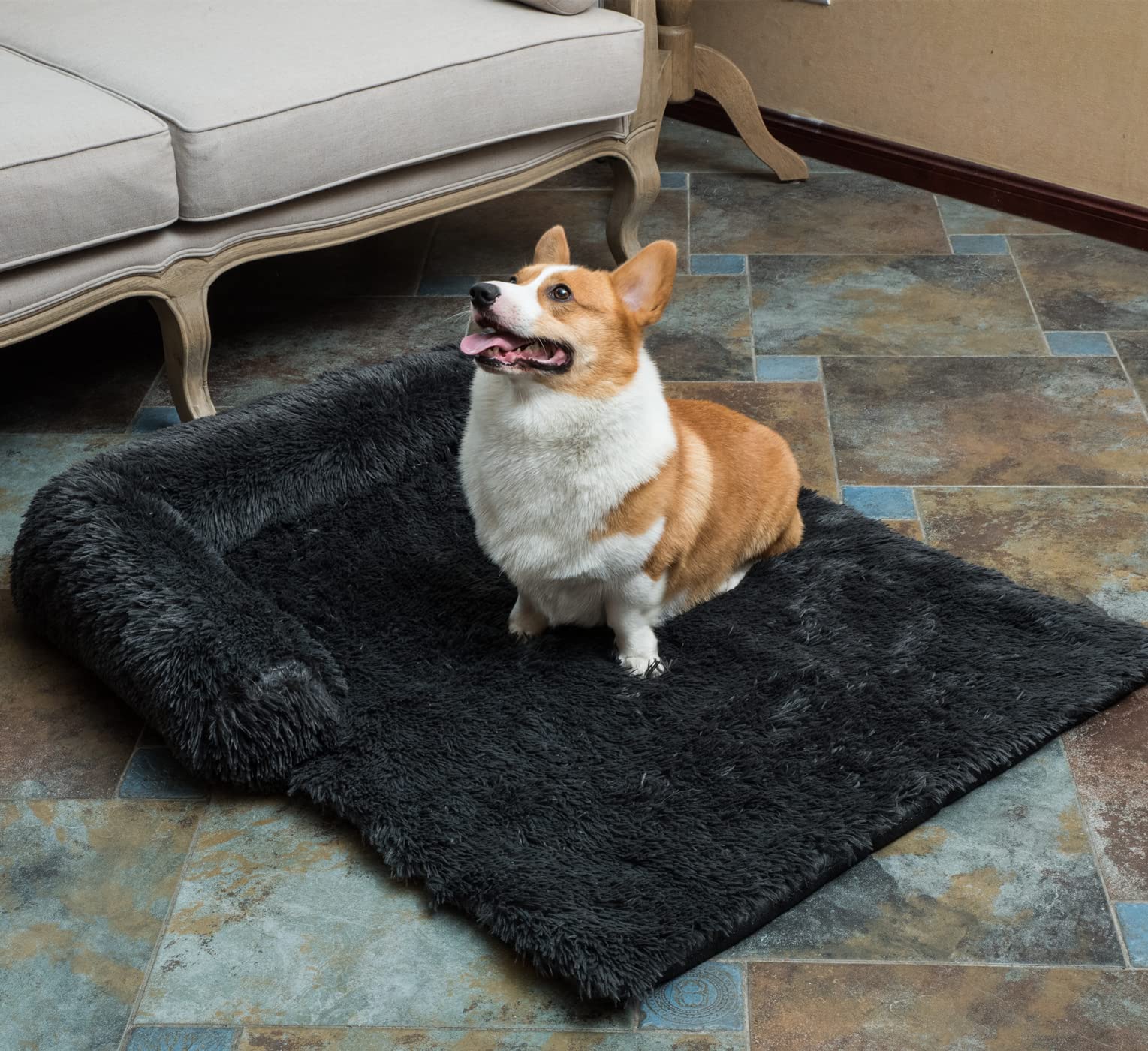 Coohom Calming Dog Bed Pet Couch Protector Dog Cat Bed Mats for Furniture with Removable Washable Cover,Plush Sofa Cover Cushion with Soft Neck Bolster (Medium 36", Black)