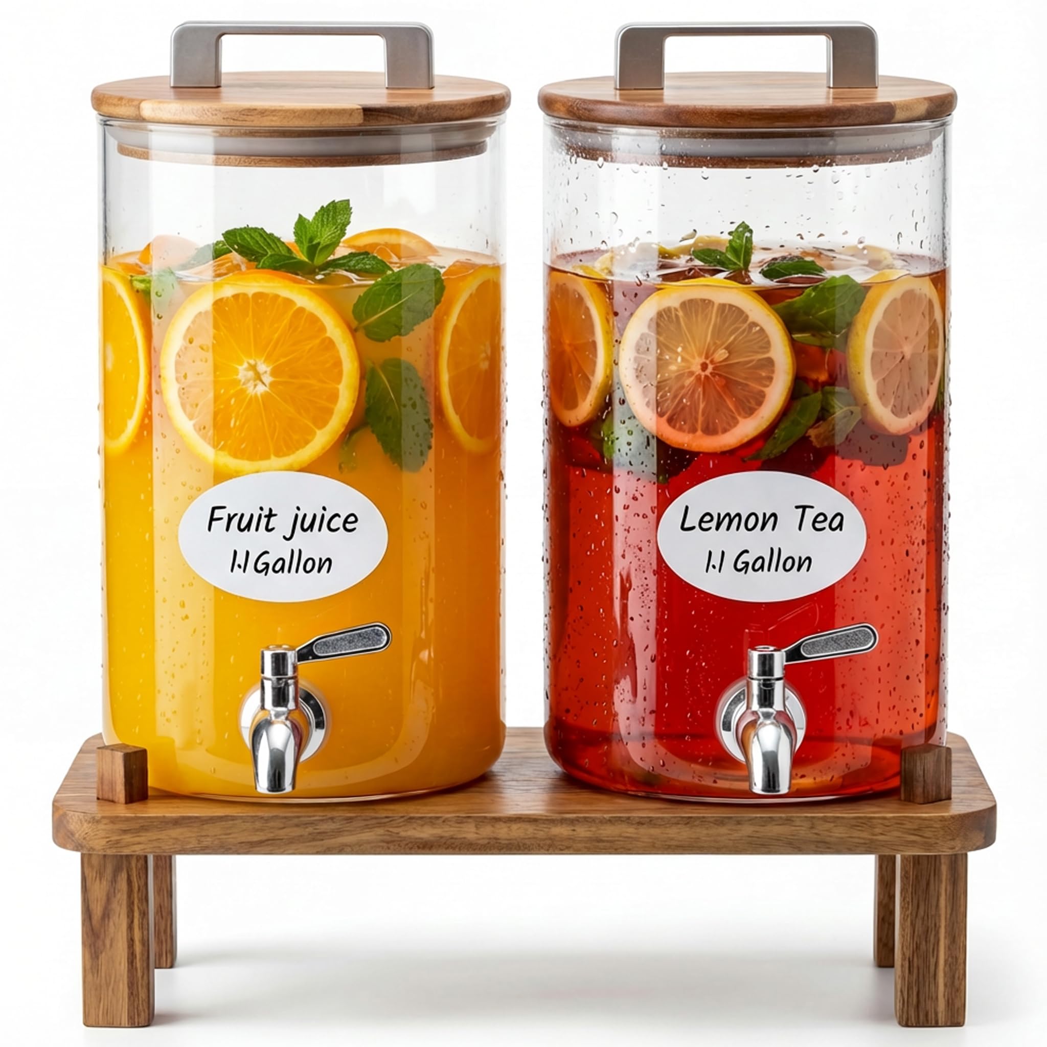 MerryNine 2 dispensadores de bebidas de vidrio de 1.1 galones para fiestas con soporte de madera, dispensador de bebidas de vidrio de borosilicato perforador, filtro a prueba de fugas, espiga