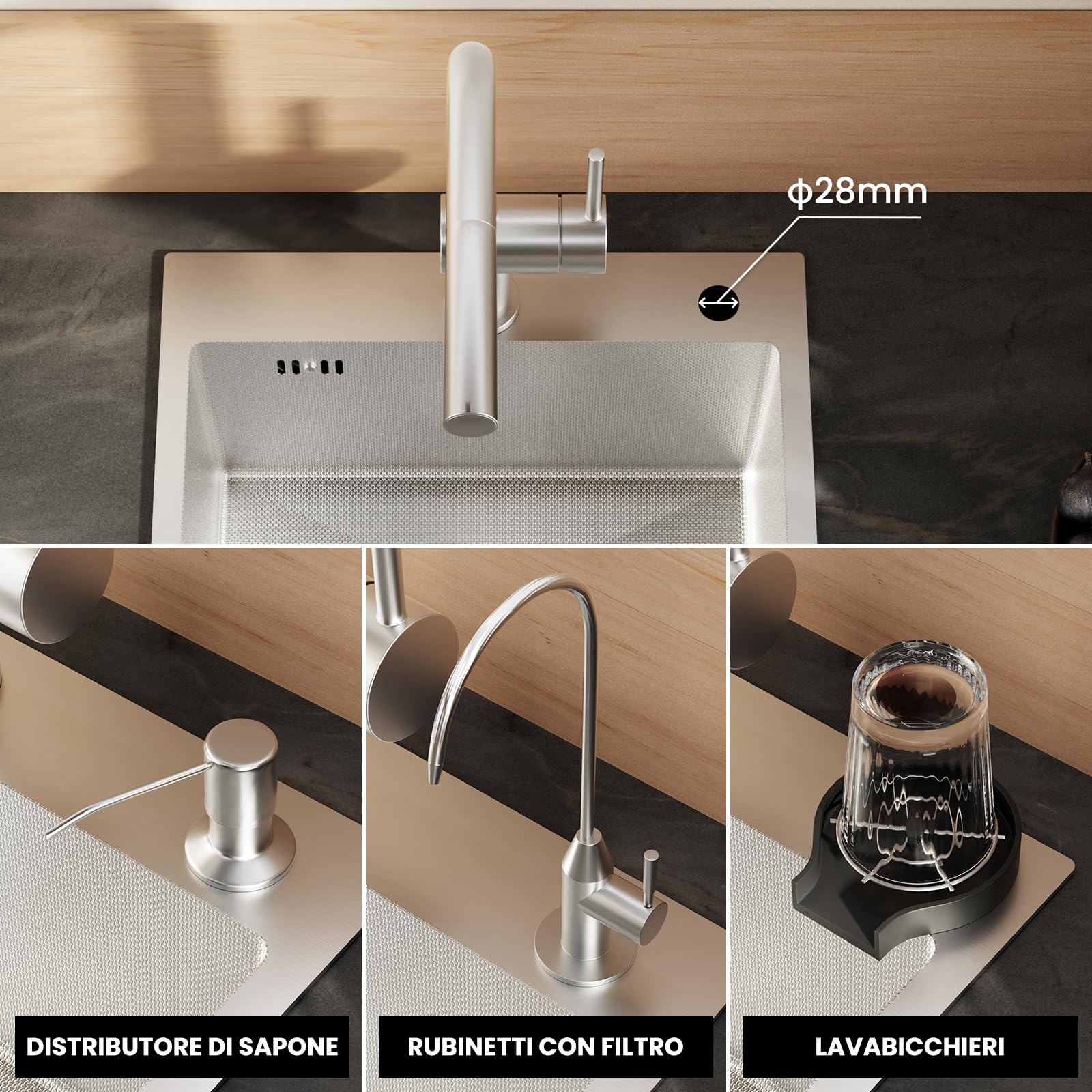 CECIPA 44x49 cm Lavello Cucina 1 Vasca in Acciaio Inox con Foro, Lavandino Cucina 1 Vasca per Mobile da 45cm, Lavello da Incasso o Banco con Sifone e Scarico