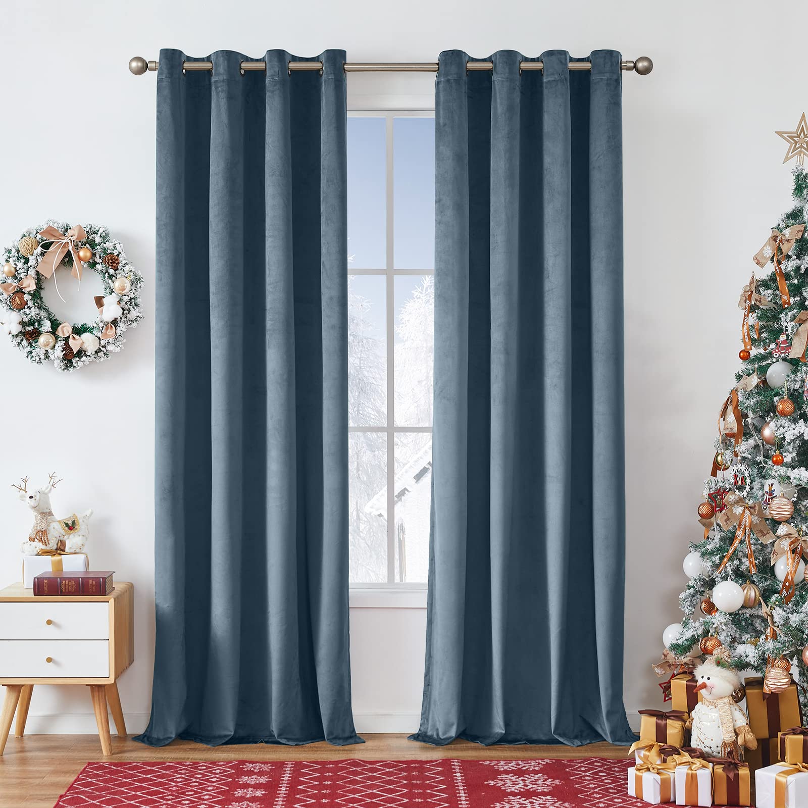 jinchan Velvet Blackout Curtains for Living Room, Thermal Insulated Luxury Drapes for Bedroom 96 Inch Long, Room Darkening Window Treatments Grommet 1 Panel, Aegean Blue