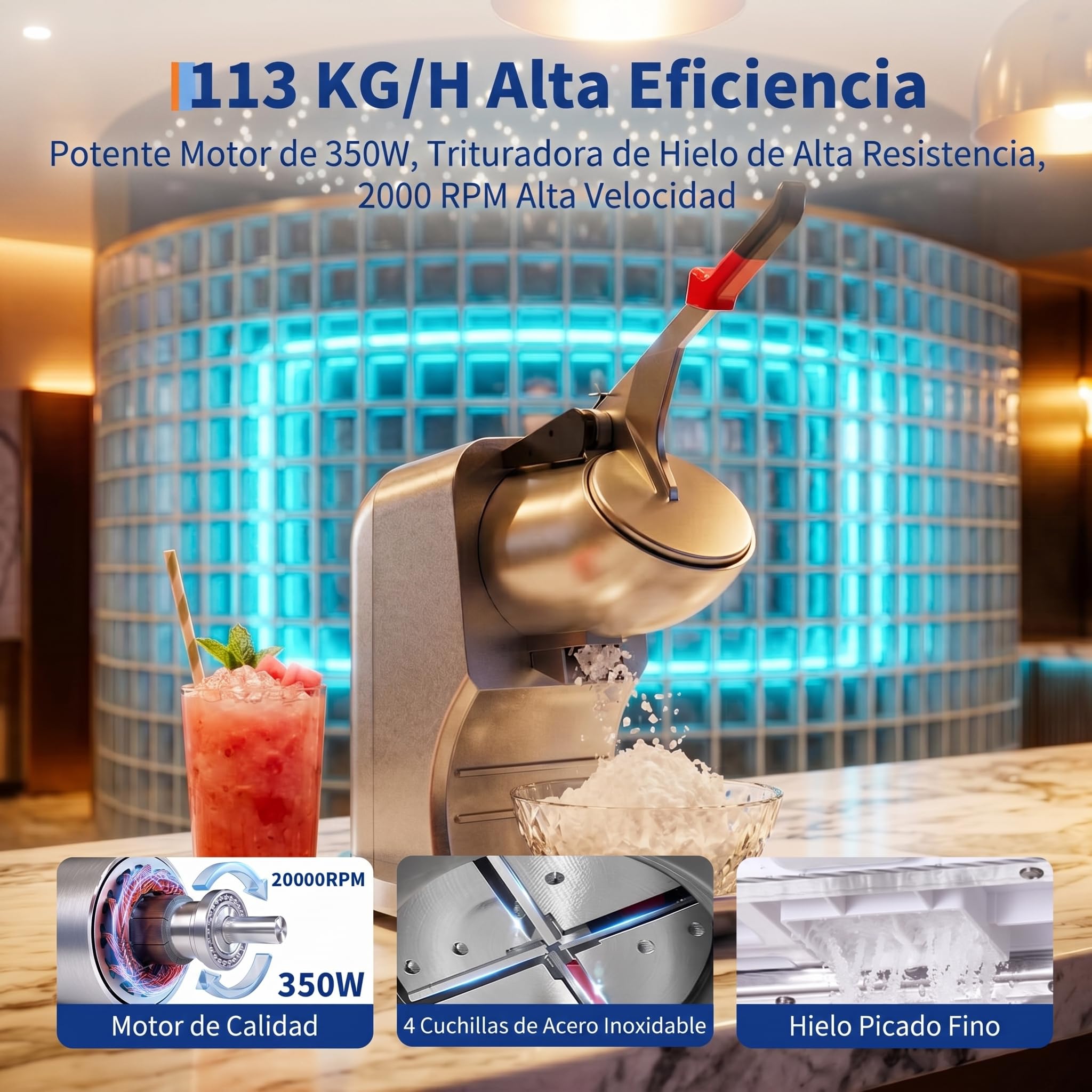 GarveeLife Picadores de Hielo 300W, 4 Cuchillas INOX, 100kg/h, Plateado | Picadores de hielo 300W 100kg/h, acero inox 4 cuchillas, nieve fina para granizados cócteles y postres, plateado.