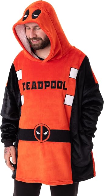 Marvel Deadpool Uni Wearable Blanket Hoodie | Adult Pullover Red and Black Deadpool Mask with Eyes on Hood | One Size, Multicolor, One Size