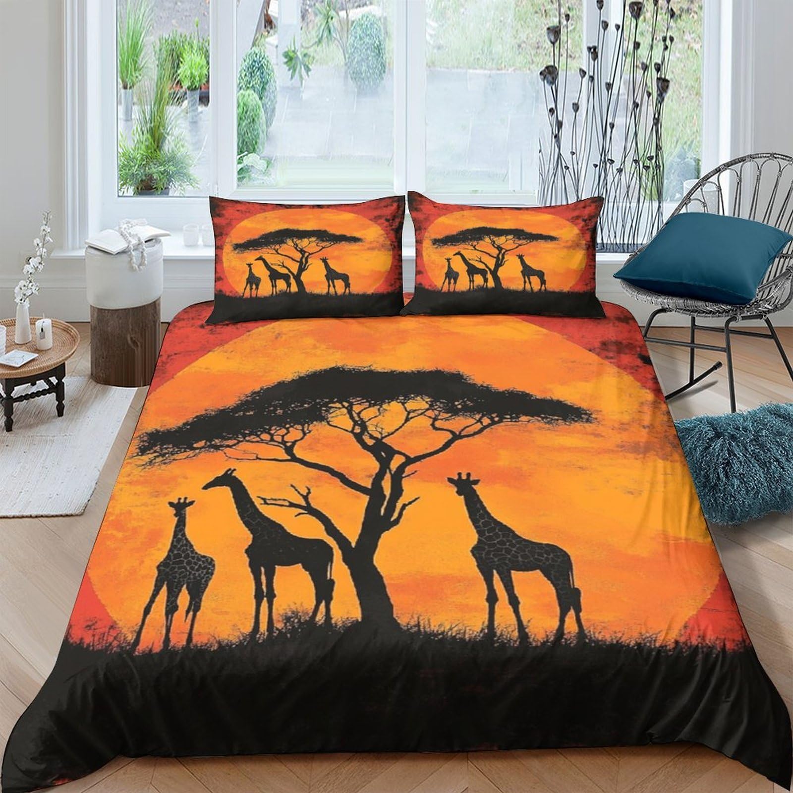 GPLZQXKJNH 3D Printed African Sunset Giraffe Duvet Cover Microfiber Breathable Savannah Bedding Set with 2 Pillowcases for Bedroom Decor Single（135x200cm）