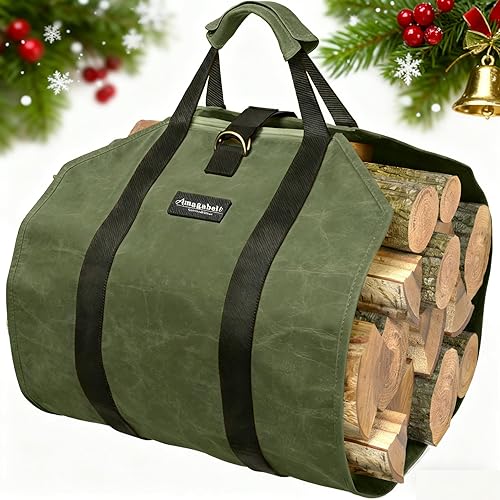 Amagabeli - Bolsa de transporte de leña encerada, bolsa de transporte resistente para chimenea de leña grande con asas para camping, soporte de