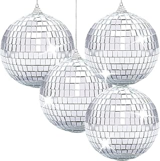 Newmemo Mirror Disco Ball 4" Inch 4-Pack Reflective Mirror Ball Ornaments Silver Hanging Ball with Attached String for Ring Disco Ball Centerpiece Decor Disco Ball Dance Birthday 70s Theme Party