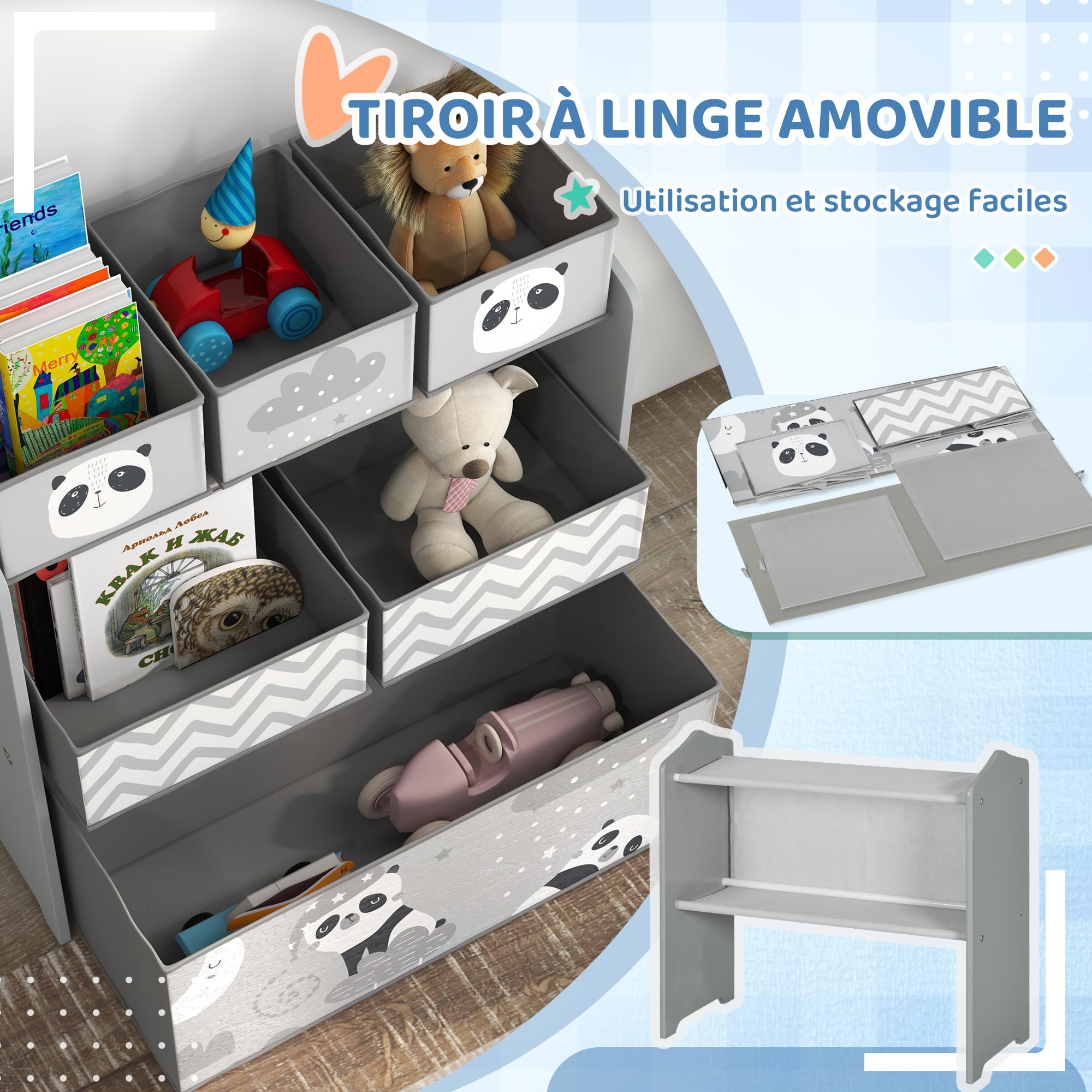 ZONEKIZ Aufbewahrungsmöbel für Kinder, Aufbewahrung für Kinderspielzeug, 6 herausnehmbare Boxen aus Vliesstoff, Bücherregal, Organizer für Spielzeug, für Spielzimmer, Kindergarten, Schule, 63 x 30 x