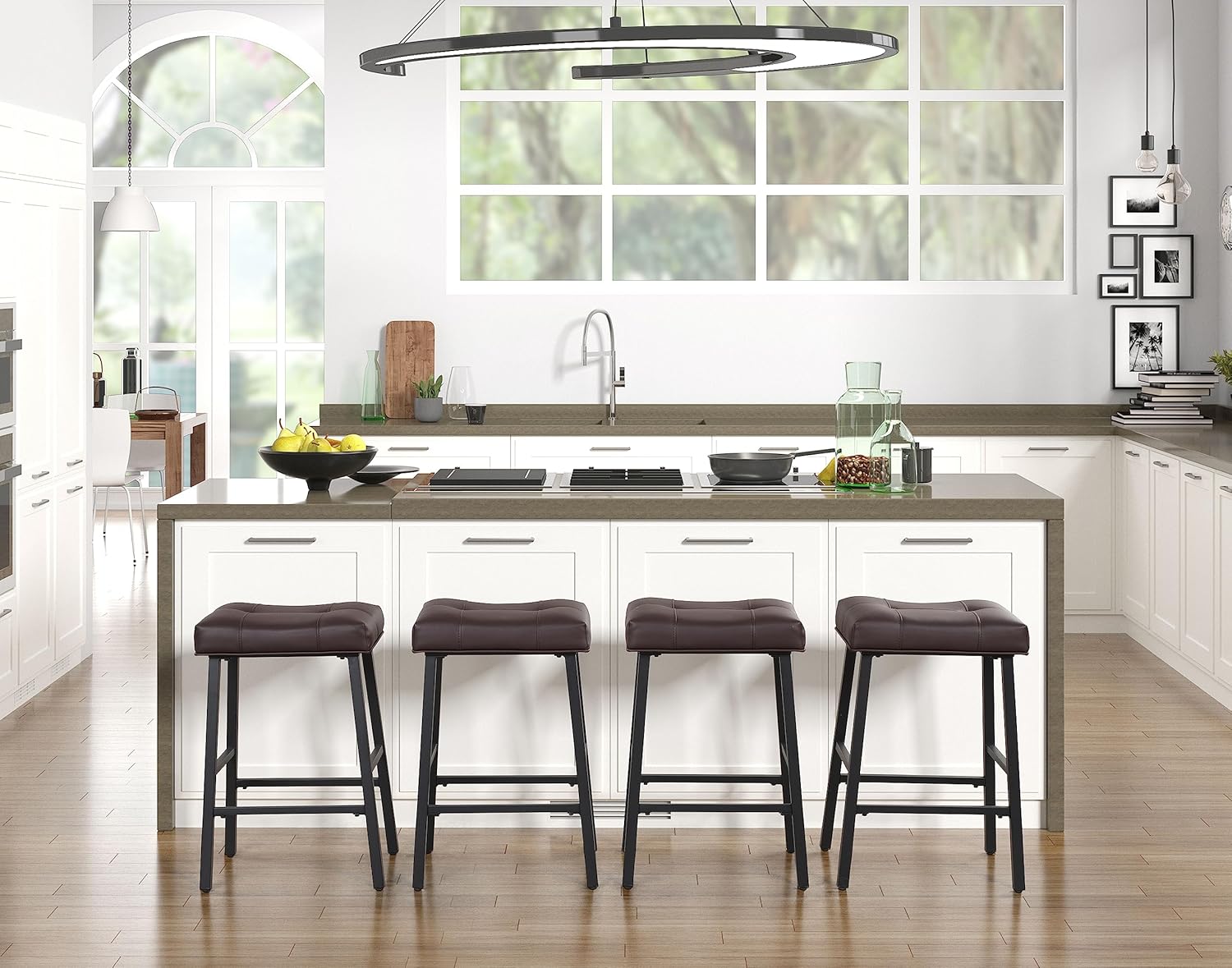 Winterstorm 24" Counter Height Bar Stools Set of 4, Barstools for Kitchen Island Counter, Leather Upholstery Kitchen Stools with Curved Saddle Seats, Bar Chairs with Metal Base,Brown