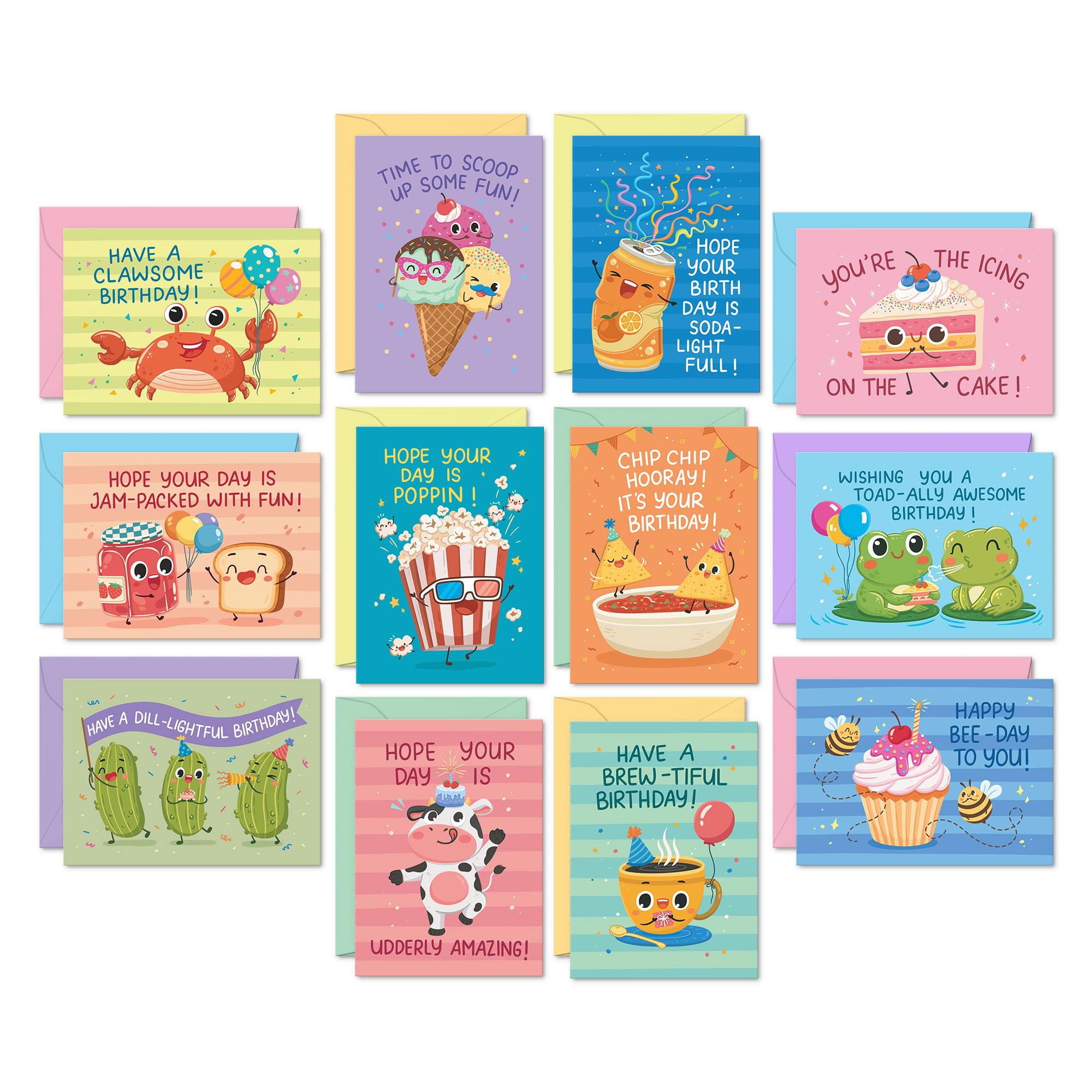 Sweetzer & Orange Funny Birthday Cards Bulk Set – 24 Punny Cards (12 Designs, 2 Each) with 24 Colorful Envelopes & Storage Box – Funny Messages – Cute