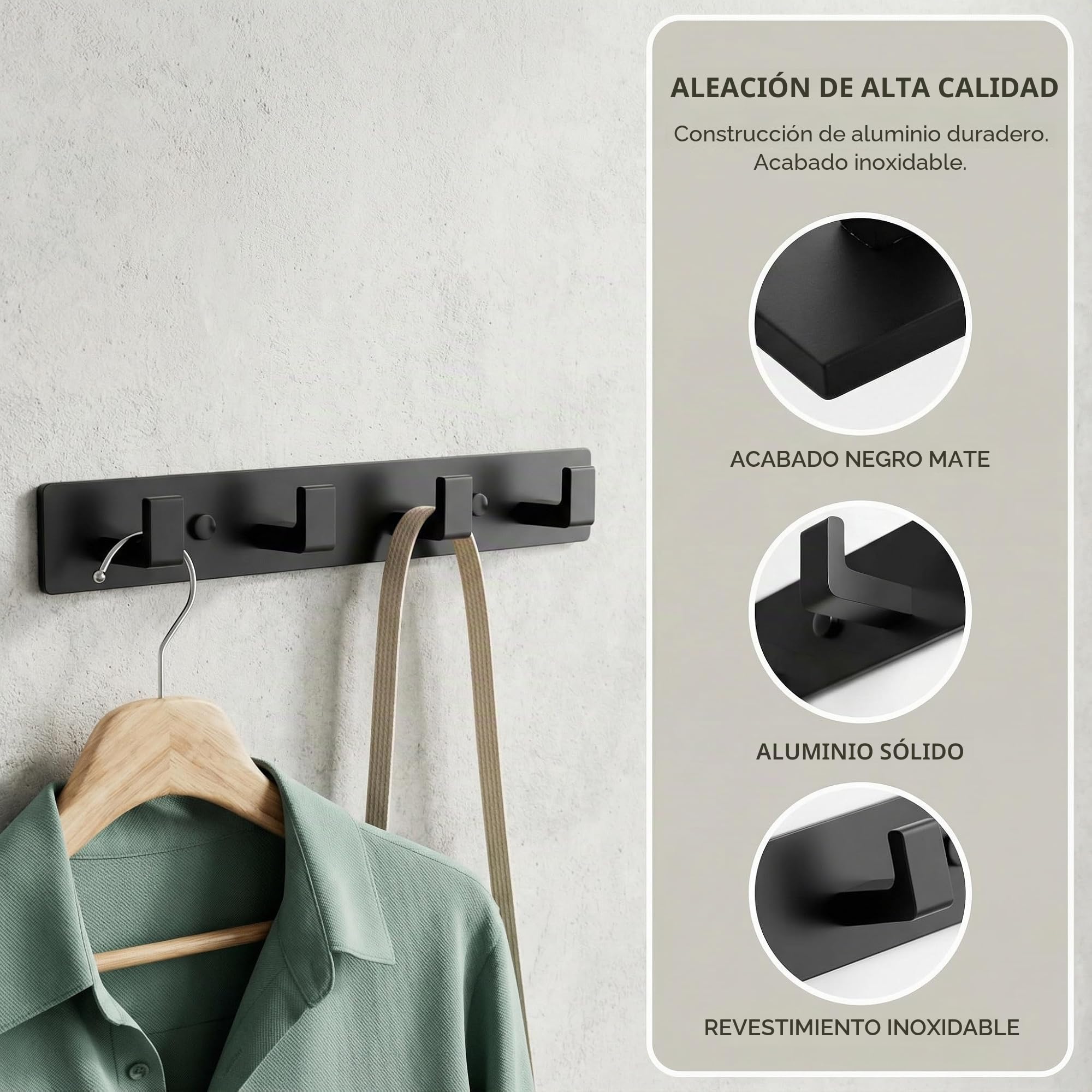 Percheros Pared 4 Ganchos - Negro Mate Percheros de Baño Montaje en Pared Colgandor Ganchos Perchero de Aleación de Aluminio Bonito y Resistente para Recibidor, Cocina, Baño, Dormitorio Garga 10kg