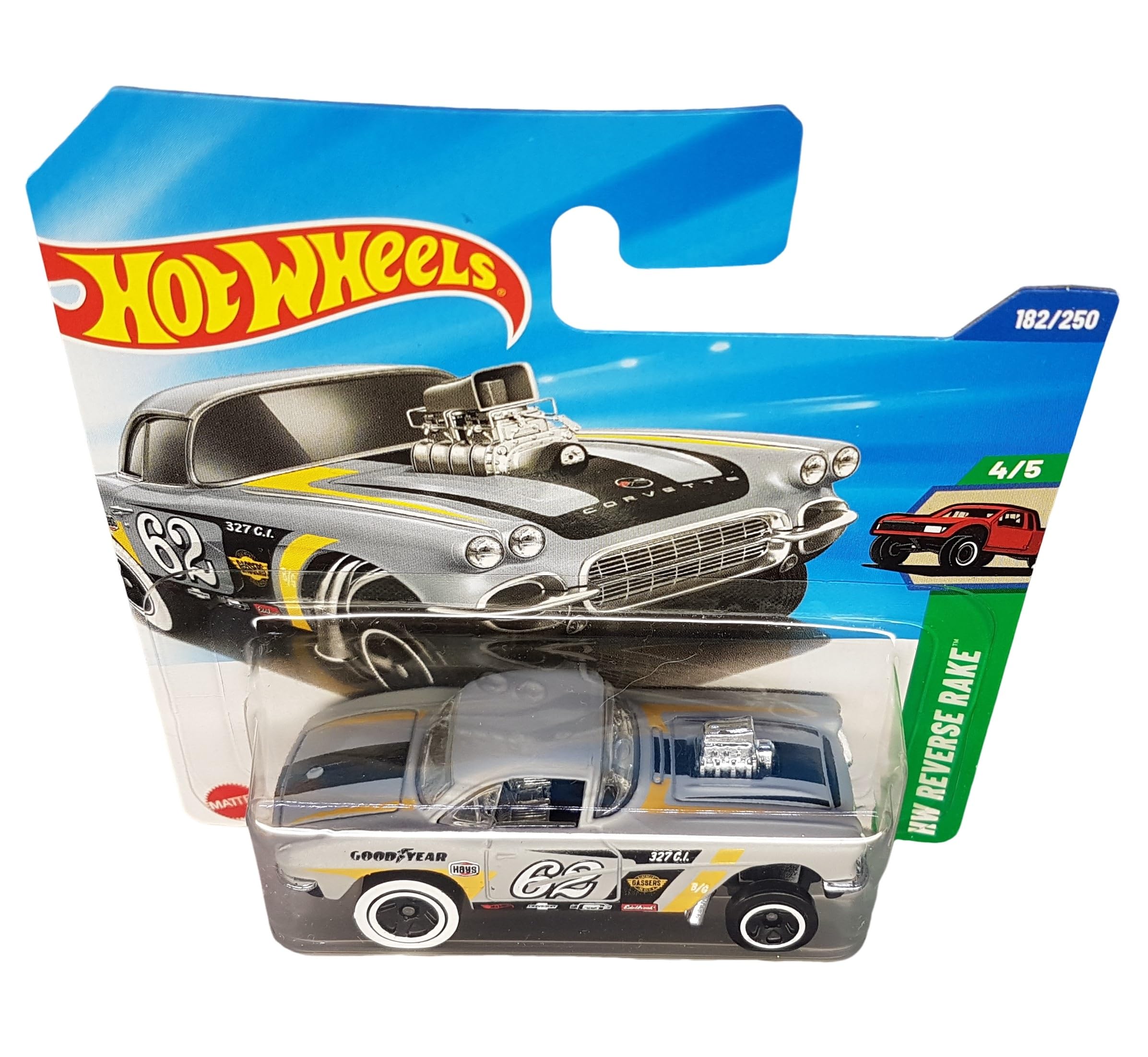 Hot Wheels '62 Corvette Gasser JBB08 HW Reverse Rake 4/5 Short Card Grey Good Year GM License Mattel 2025 1:64 - Image 2