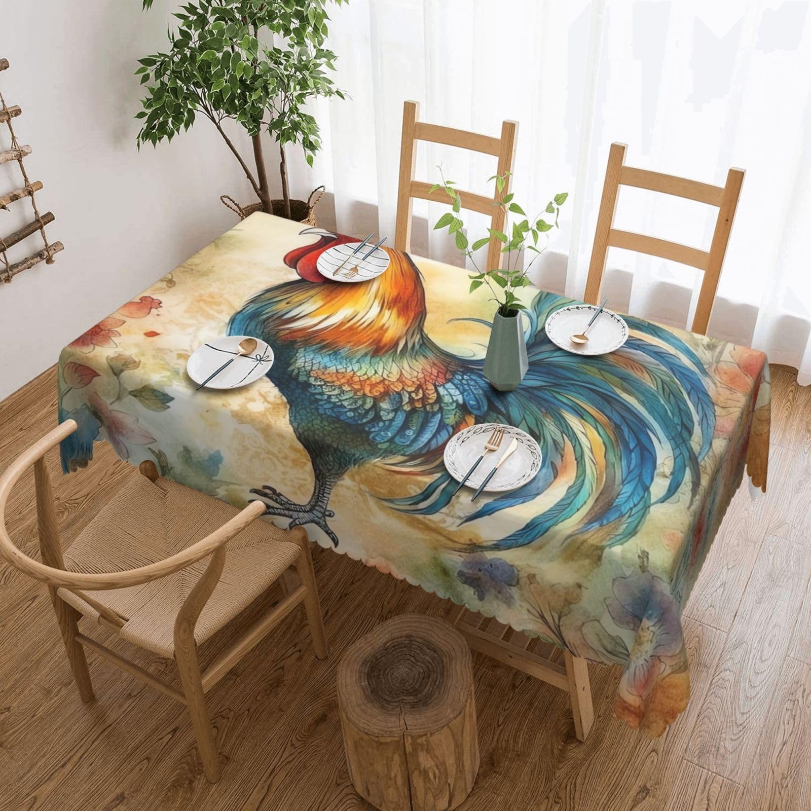 QLDETUPWLX Rectangle Table Cloth 137x183 cm Flowers and Rooster Tablecloths Wrinkle Free Table Cloth Washable Fabric Desktop Protection Decoration Tables Cover for Party Dining Indoor and Outdoor