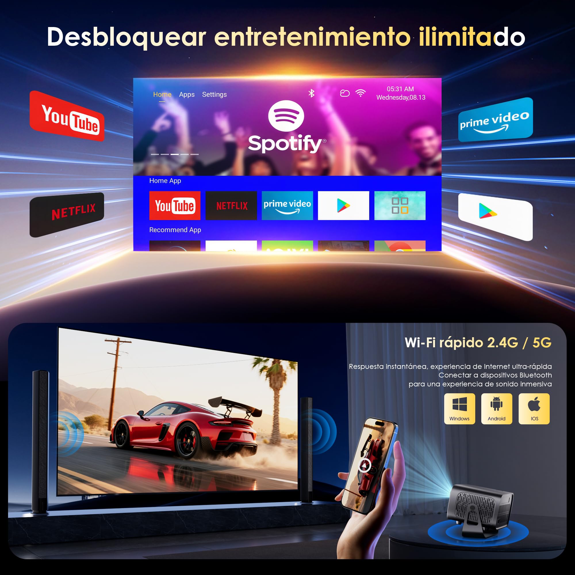 [ App integrada] Proyector Portátil con WiFi 6 Bluetooth 5.1 Support 4K 1080P Auto Keystone 180° Rotable Videoproyector Compatibile con HDMI/USB/TV Stick/Laptop, Gris