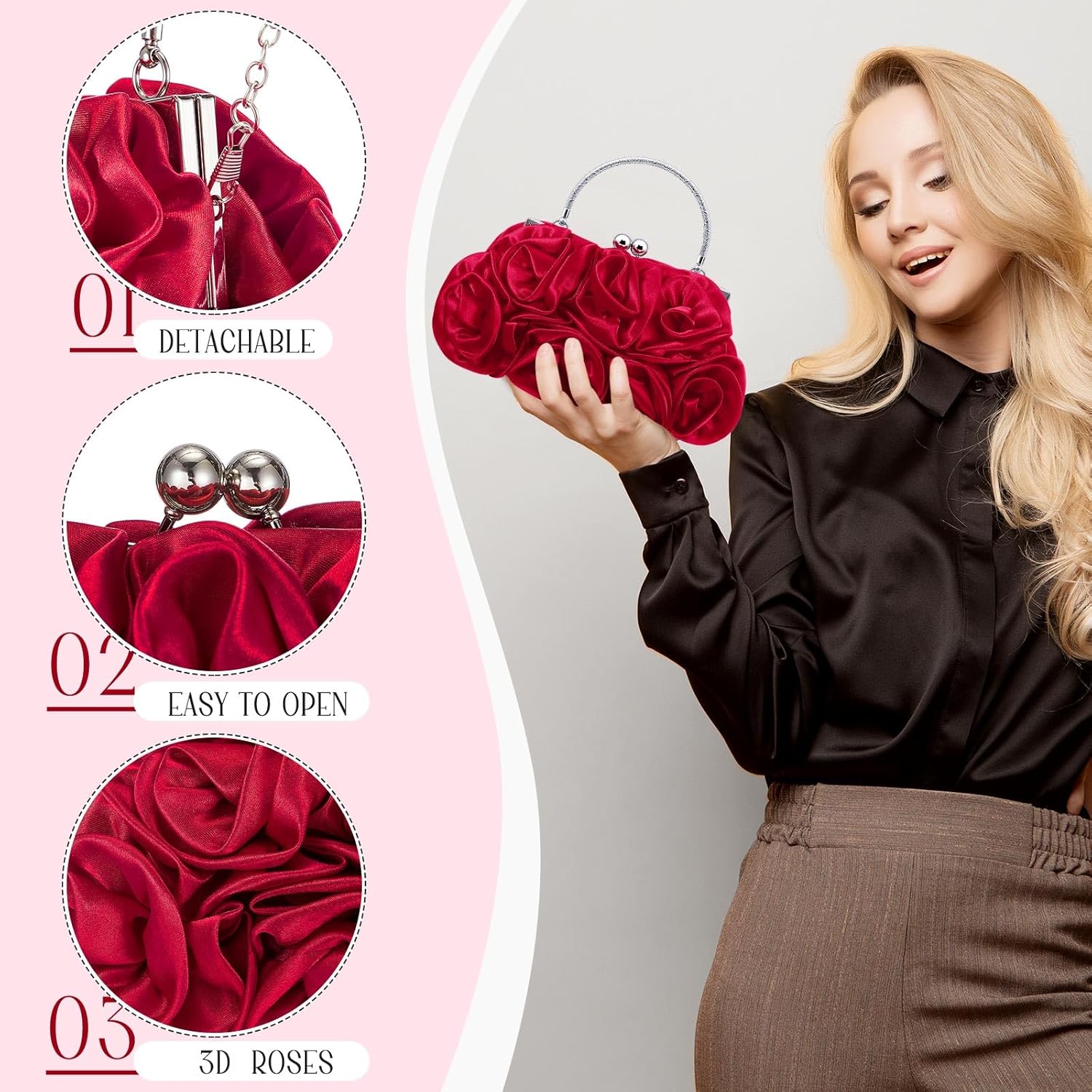 Women Evening Clutch, Small Floral Satin Purse with Detachable Strap for Valentine's Day Wedding Party Prom Gift - Image 6