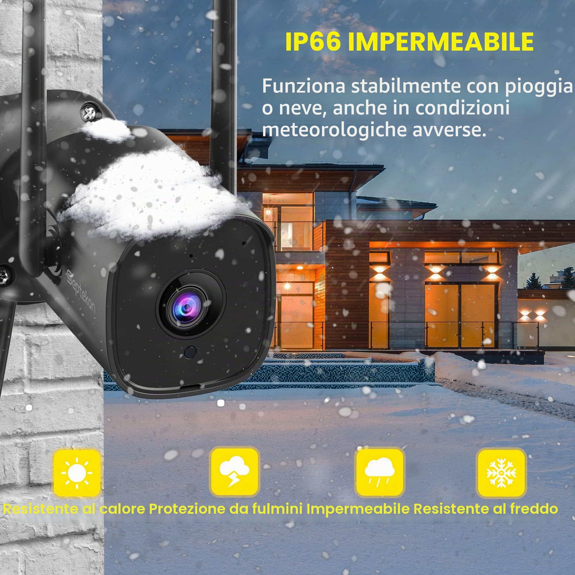 Septekon Telecamera di sicurezza esterna, 1080P doppia antenna WiFi telecamera di sorveglianza domestica con IP66 impermeabile, visione notturna, rilevamento del movimento AI, audio a 2 vie, nero,P30