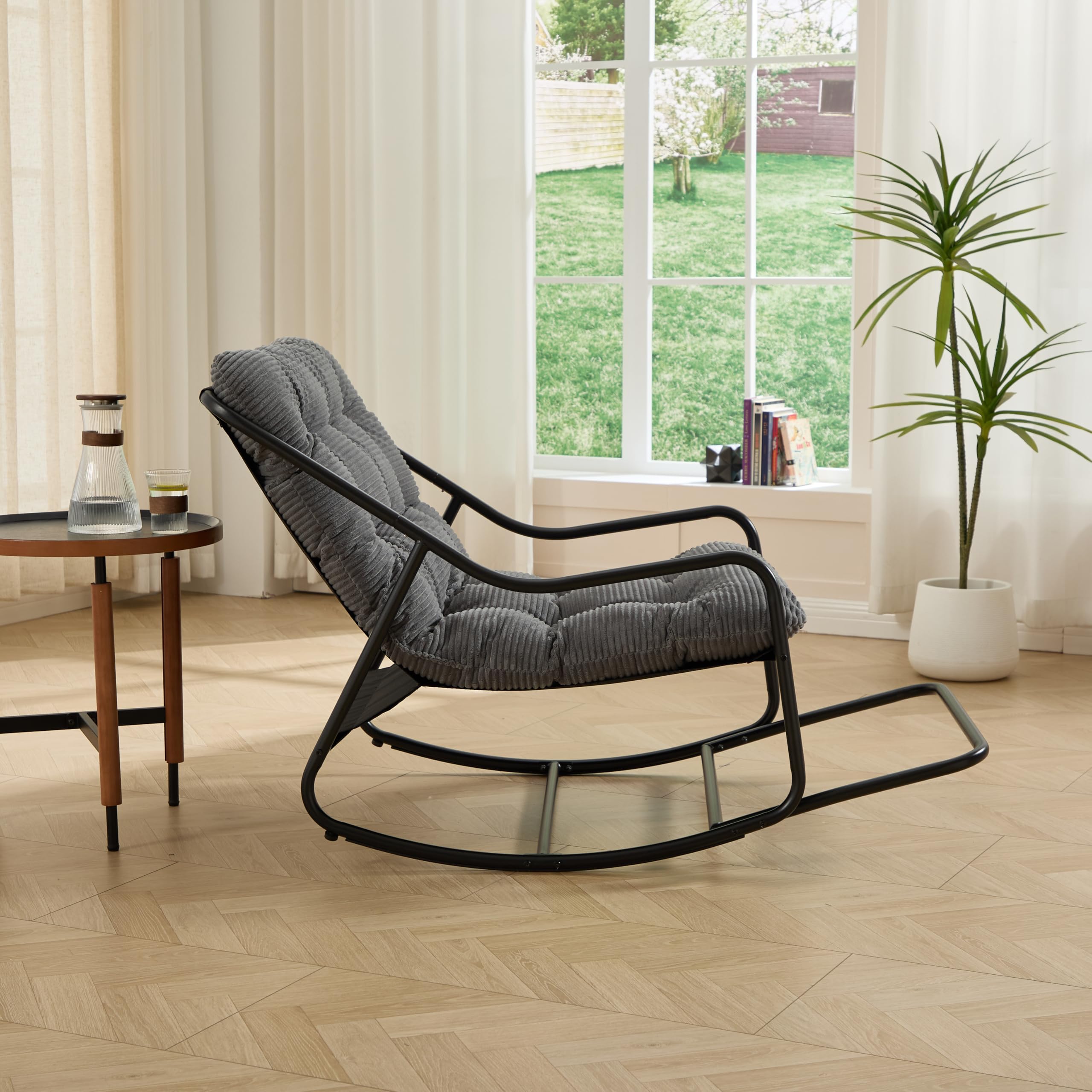 Ball & Cast Schaukelstuhl für Drinnen & Draußen, Rocking Chair mit Gepolstertem Kissen und Fußstütze, Moderner Balkonsessel für Wohnzimmer, Garten & Terrasse, Grau