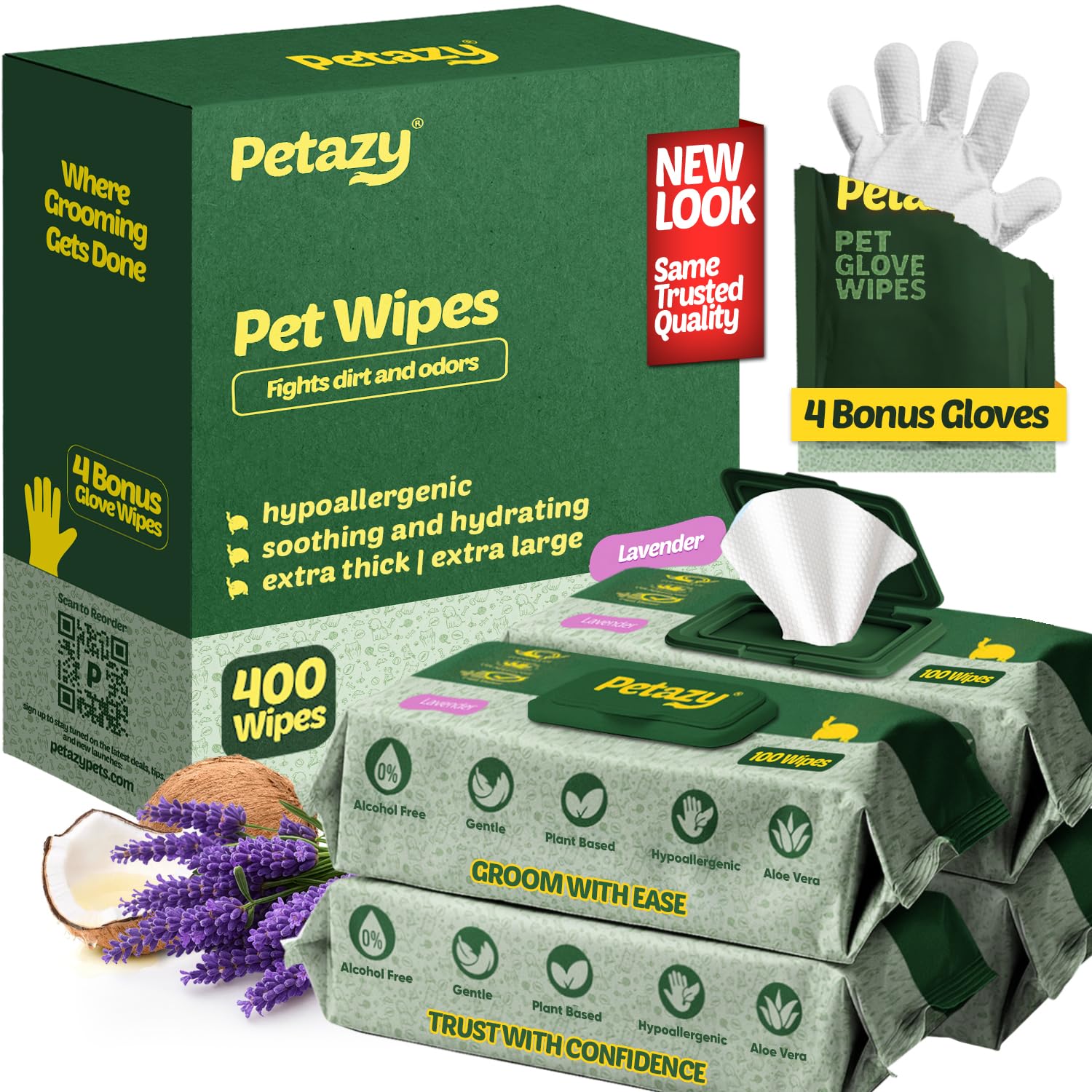 Petazydog wipes for paws and ears, organic pet wipes for dogs, lavender scented wipes, deodorizers, extra thick wipes, for