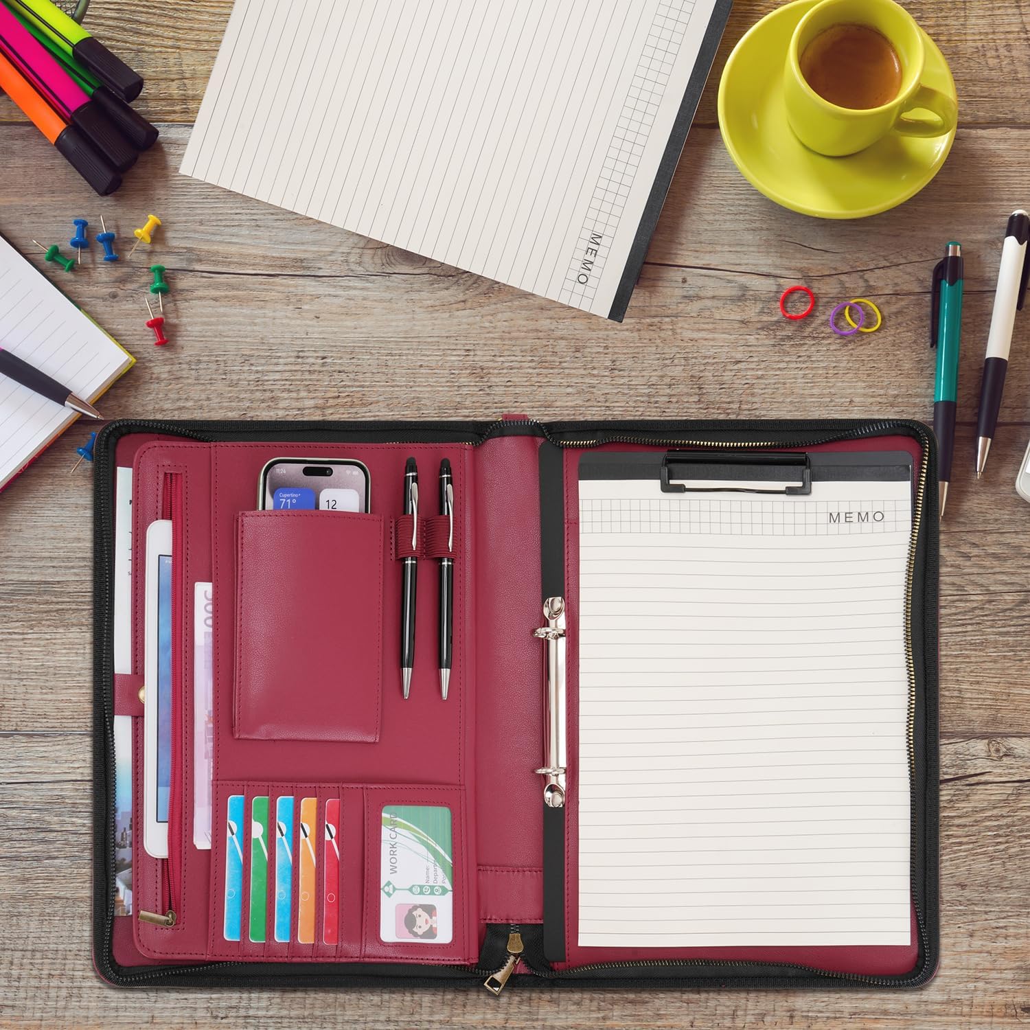 Wason A4 Portfolio with Zipper - Leather PU Padfolio with Detachable Ring Binder and Writing Notepad Holder, Conference File Multi-Pockets Organizer for Office Travel School (Red)