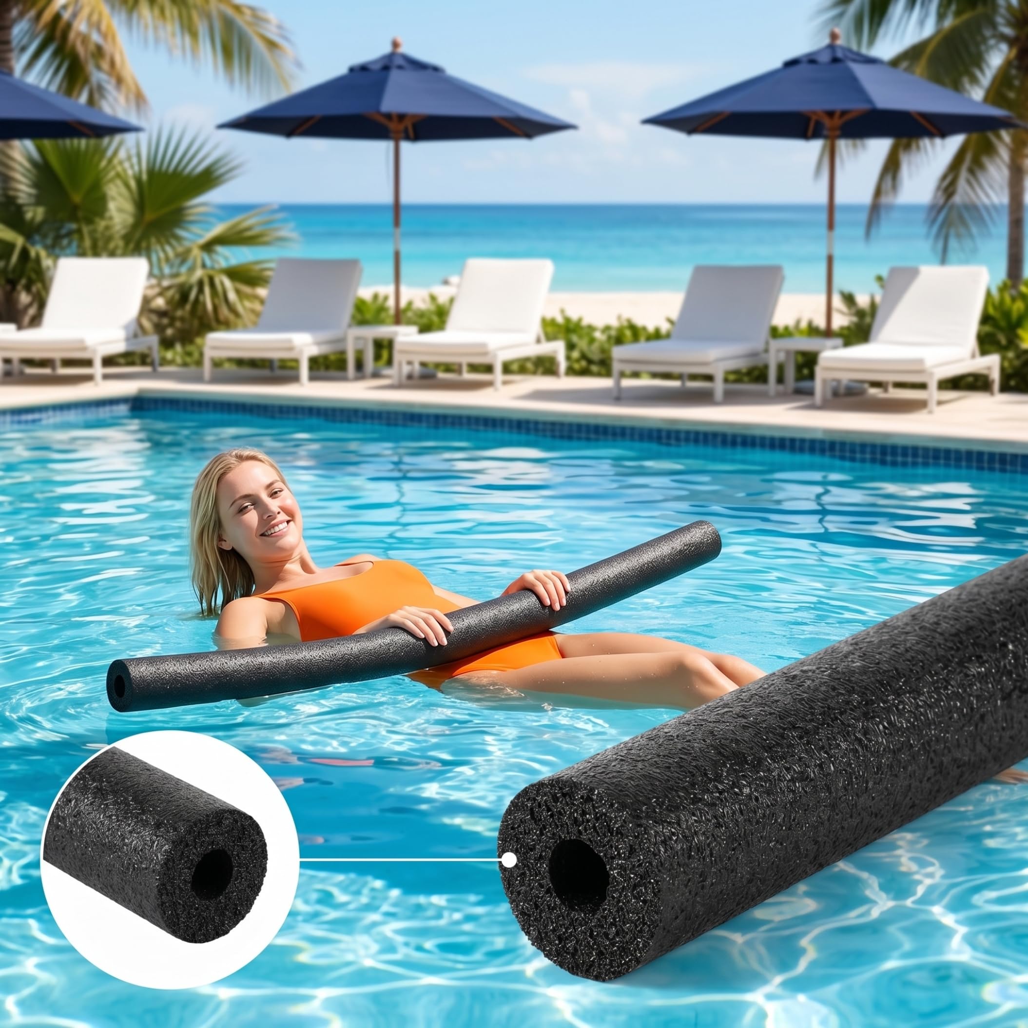 5 Fideos de Piscina Gigantes Flotador de Piscina de Espuma Hueca de 59, 06 Pulgadas Accesorio de Agua Antideslizante antiarañazos Negro