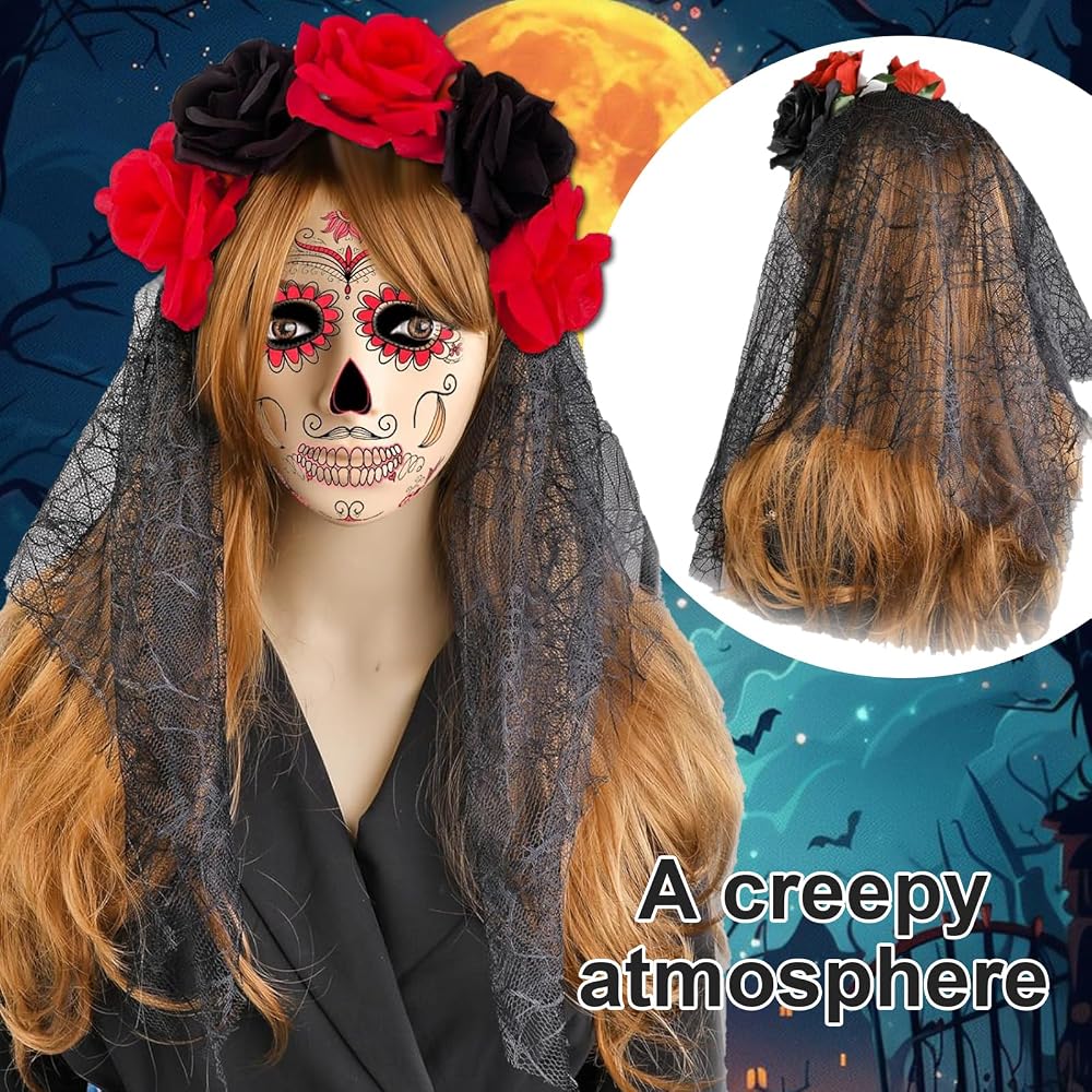 Pack De Halloween Con Velo Y Guantes De Uñas Largas, Colores Rojo Y Negro, Ideales Para Disfraces, Carnaval Y Día De Los Muertos, Talla única