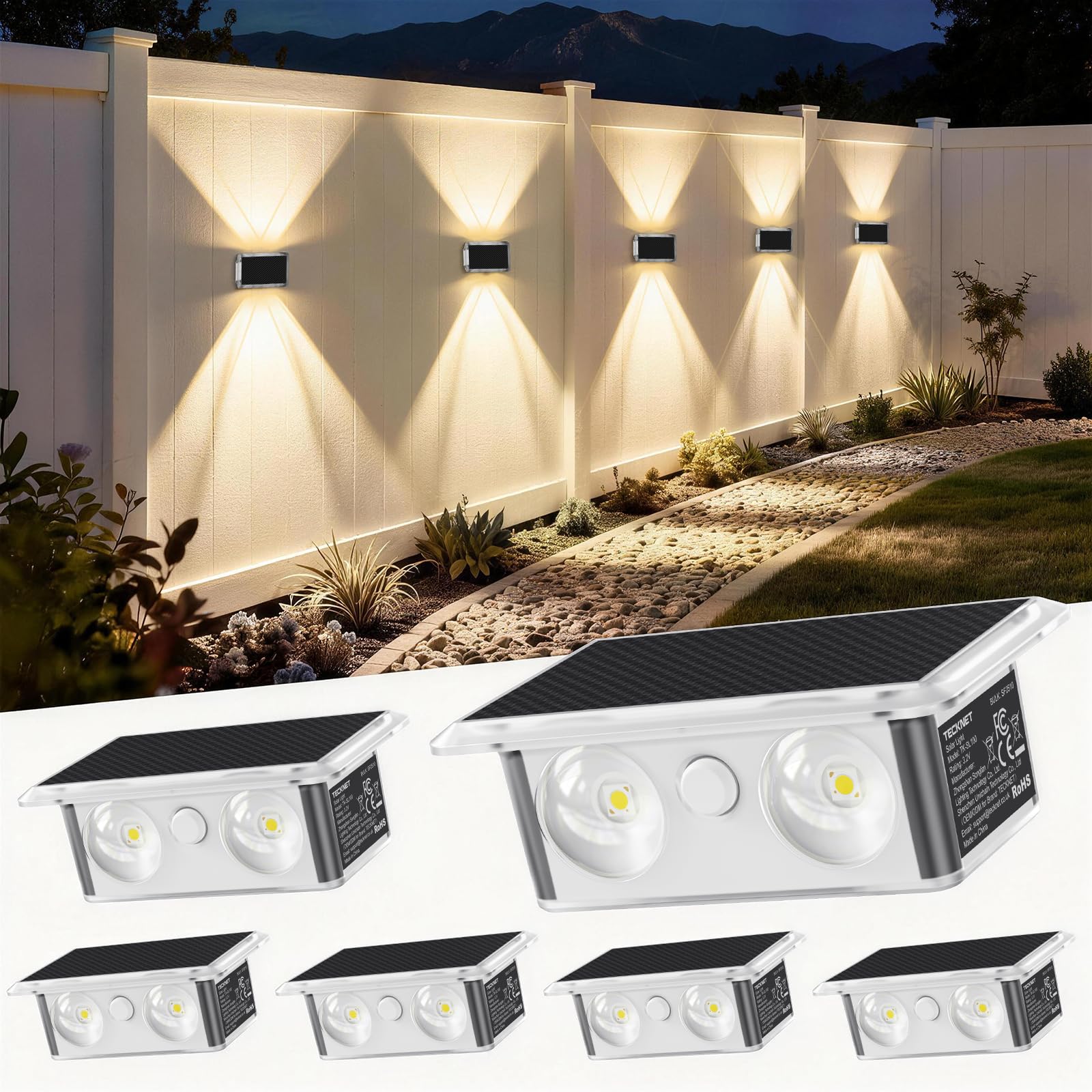 TECKNET Solarlampen für Außen, Außenwandleuchten Wetterfest, Up and Down, IP66 Wasserdicht, 3 Farbmodi Solar Lampe Outdoor für Gärten Terrassen Balkone Veranden Zäune, 6 Stück
