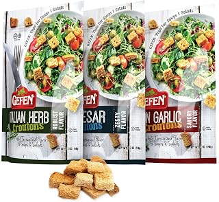 Gefen Croutons Variety Pack 5.2oz (3 Pack) Dairy Free - Zesty Caesar, Italian Herb, Onion Garlic Kosher Salad Toppers