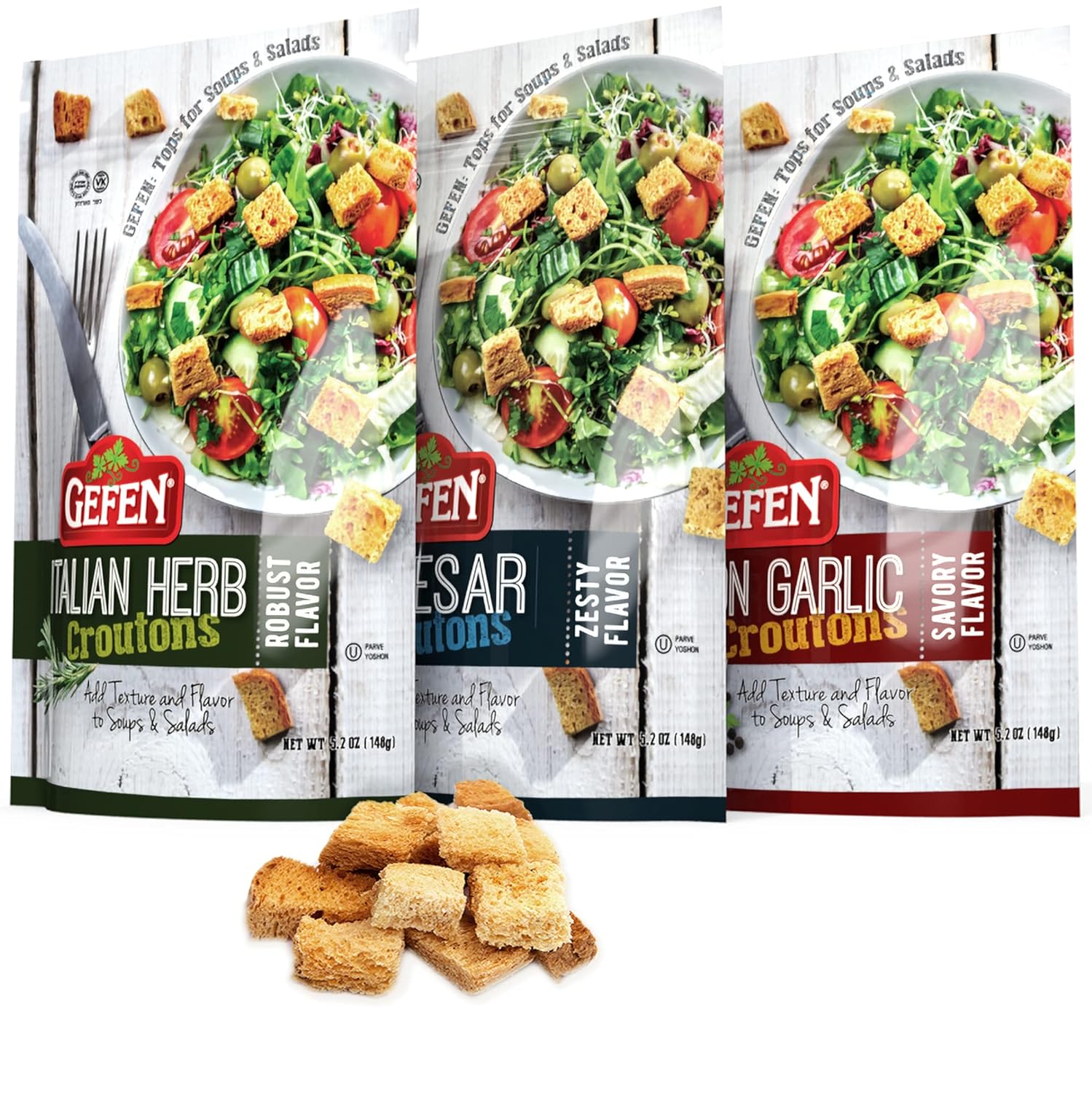 Gefen Croutons Variety Pack 5.2oz (3 Pack) Dairy Free - Zesty Caesar, Italian Herb, Onion Garlic Kosher Salad Toppers