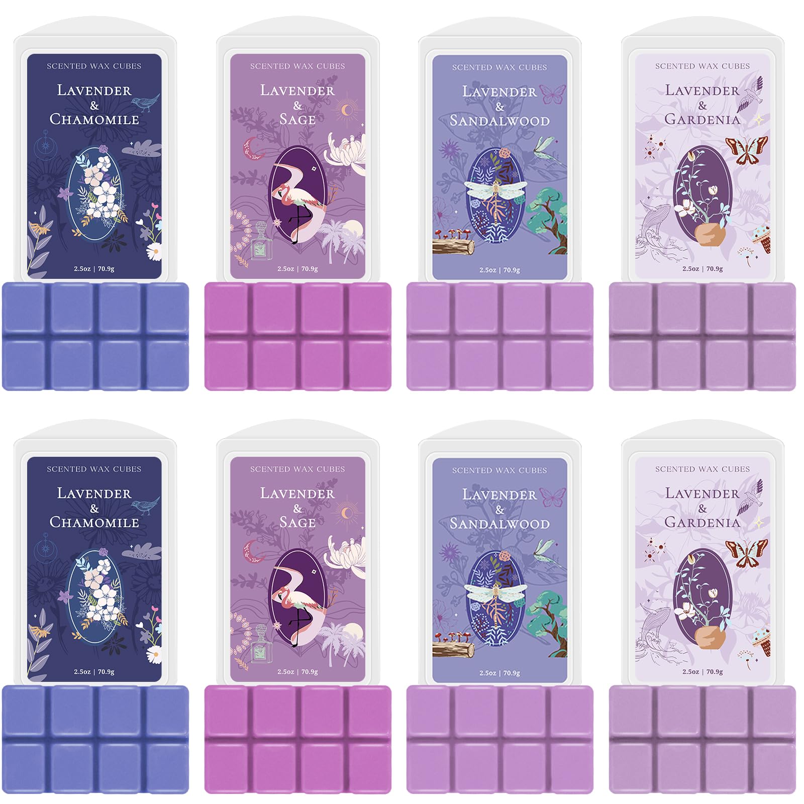 Cera Perfumada Derretida, Cubos de Cera de Soja Perfumados para Calentadores de Cera, 4 Aromas, 8 piezas, Lavanda, Salvia, Gardenia, Sándalo y Manzanilla