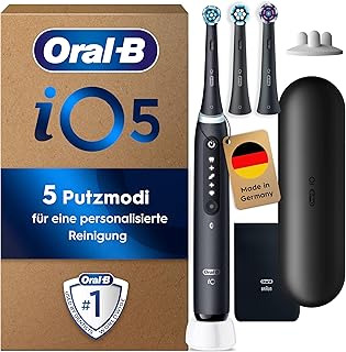 Oral-B iO Series 5 Plus Edition Elektrische Zahnbürste — Electric Toothbrush, Inkl. 3 Aufsteckbürsten, 5 Putzmodi für Zahnpflege, Reise-Etui — Zahnbürste Elektrisch, Designed by Braun, Schwarz