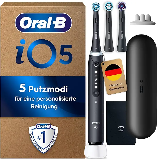 Oral-B iO Series 5 Plus Edition Elektrische Zahnbürste — Electric Toothbrush, Inkl. 3 Aufsteckbürsten, 5 Putzmodi für Zahnpflege, Reise-Etui — Zahnbürste Elektrisch, Designed by Braun — Schwarz