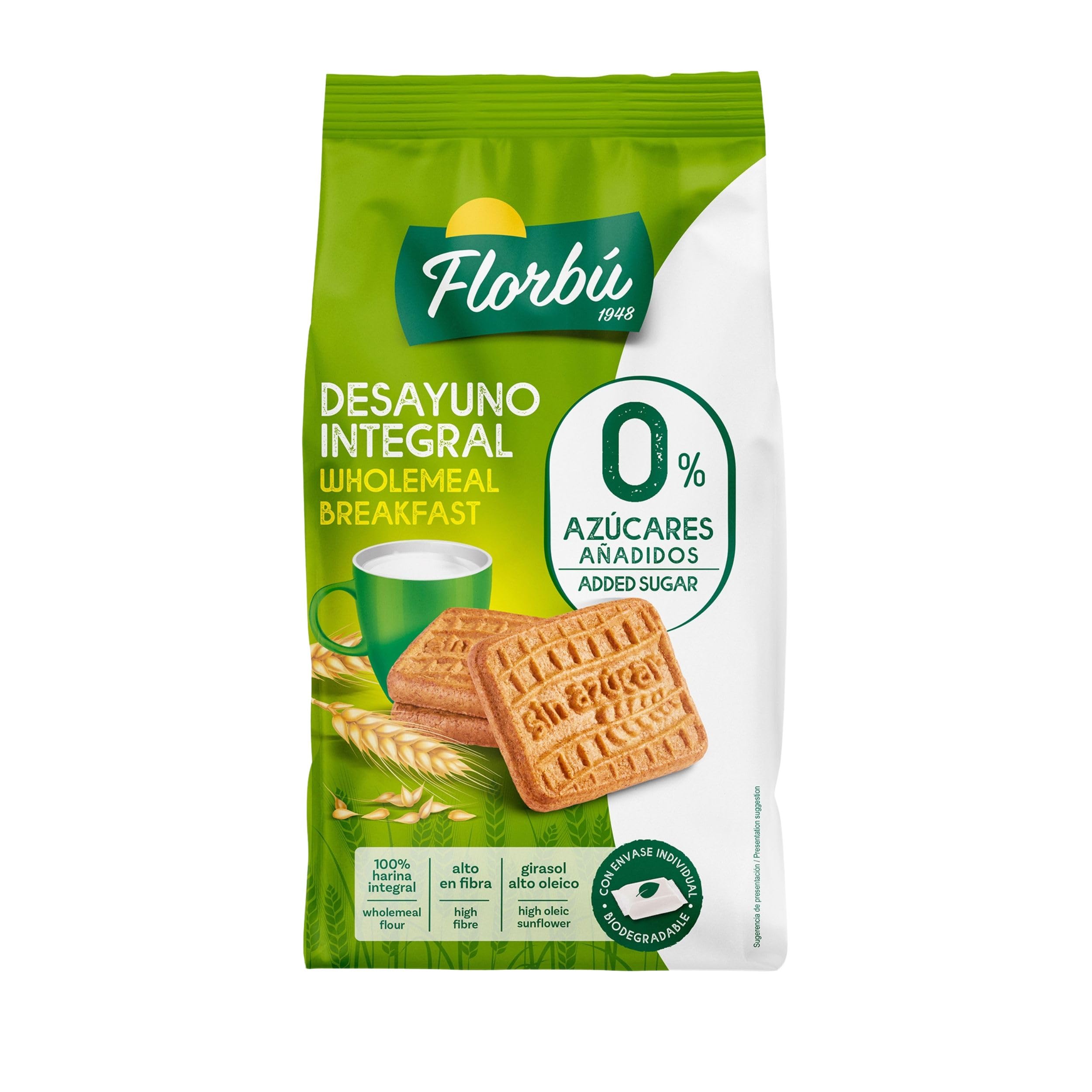 Florbu Breakfast Biscuits 0% No Added Sugar - Wholemeal Diabetic Biscuits, High Fibre Snack Made with Sunflower & Wholemeal Flour, Convenient Individual Snack Packs for Work & On-the-Go