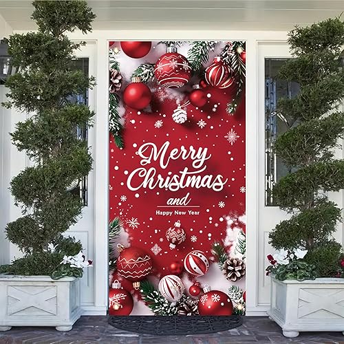 Miniatura 7 de Cartel de puerta de Feliz Navidad de 35 x 71 pulgadas, cubierta roja de puerta delantera de Navidad con copos de nieve y letras para Navidad,