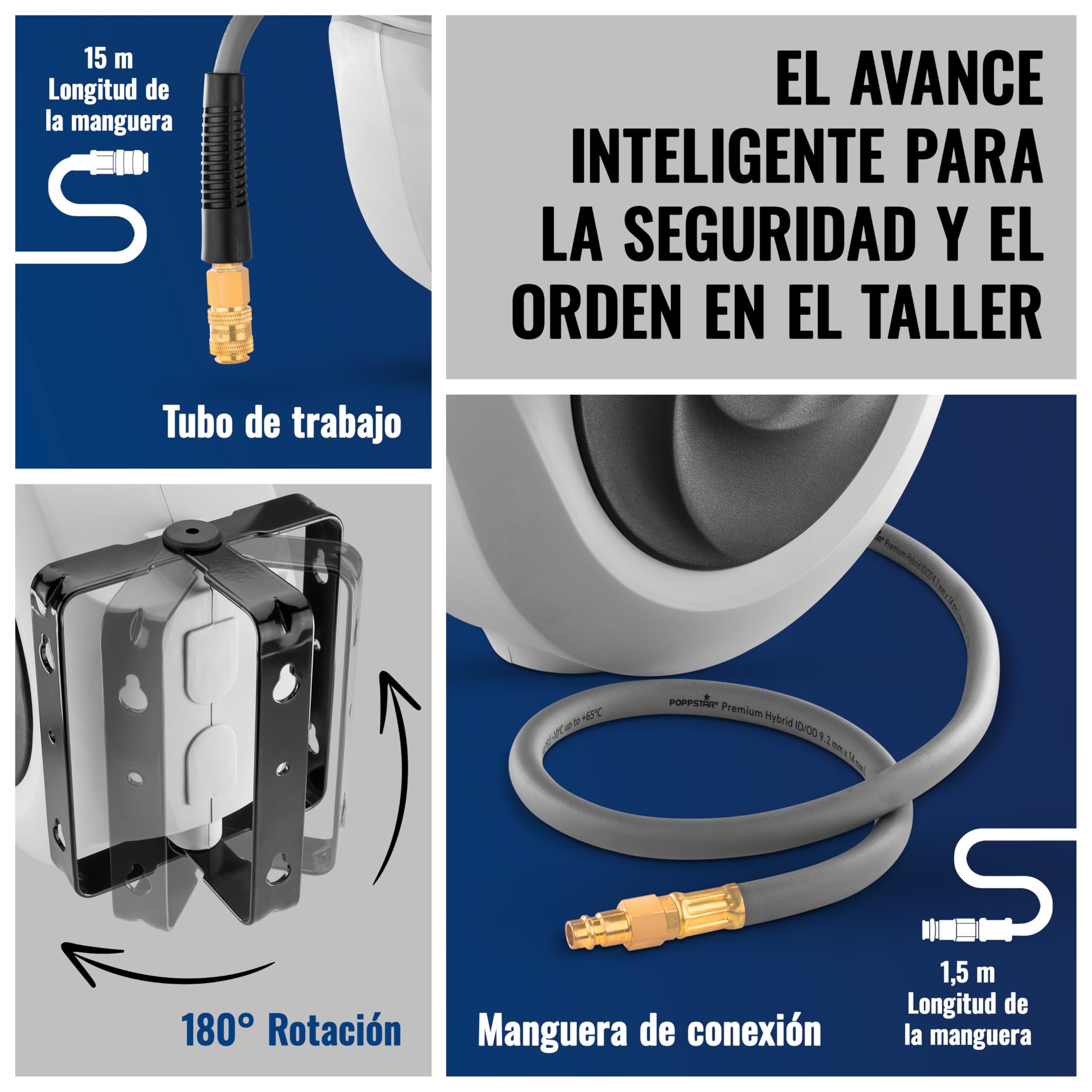 Poppstar Enrollador de manguera de aire comprimido (15m+1,1m, diámetro 3/8" (9,2 x 14 mm)), conexión 1/4" BSPT, carrete de manguera de aire comprimido de PVC híbrido