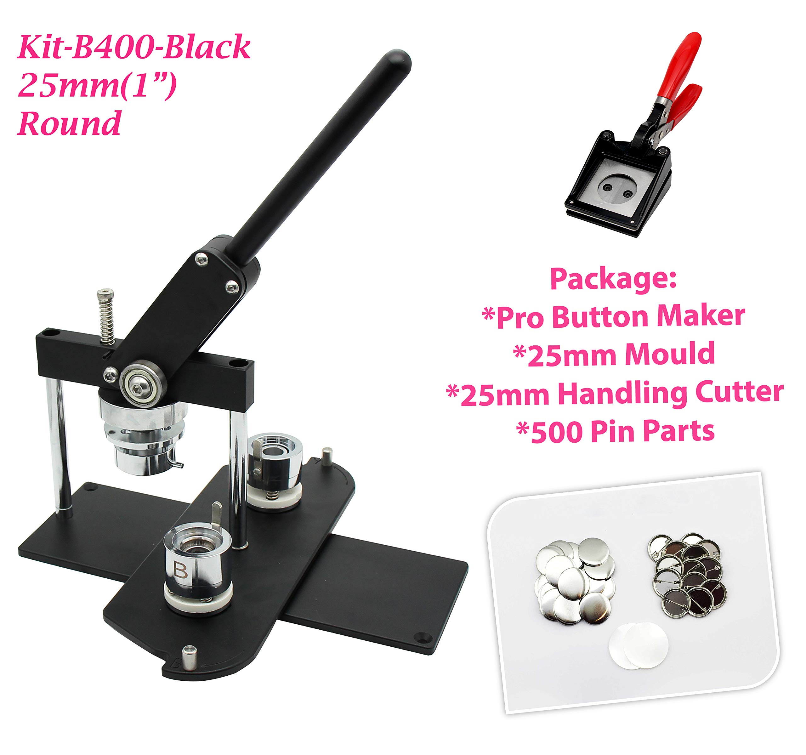 ChiButtons Pro 25mm (1") Metric Button Maker Machine B400 Kit | All-Metal Craft Press with 500 Sets Components, Handling Cutter & Moulds | Tiny Buttons, Mini Badges, Custom Pins (Black-New)