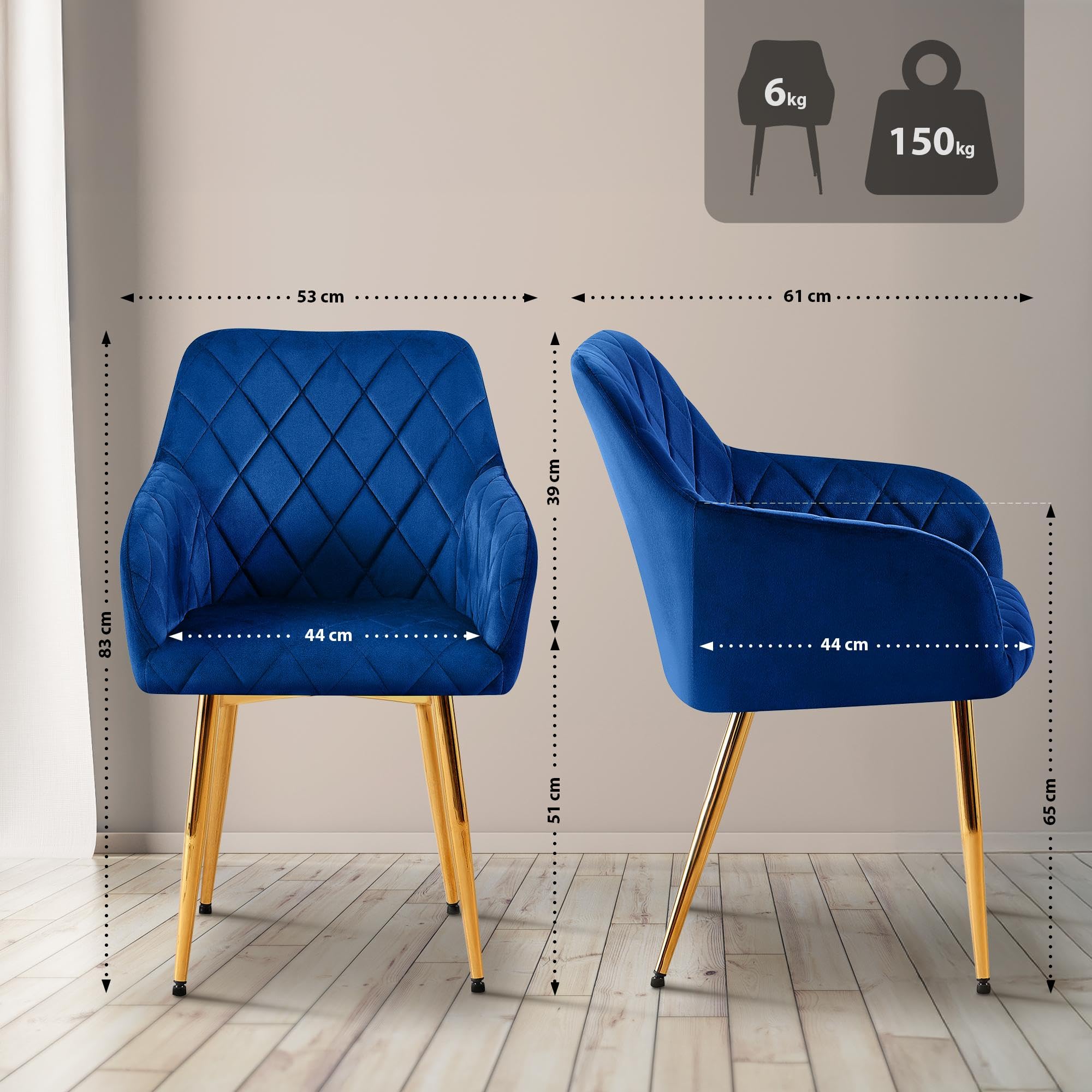 CLP Lot de 2 chaises de Salle à Manger Monett I Chaises rembourrées avec revêtement en Velours | Couleur Bleu foncé Matériel du Cadre métal Or