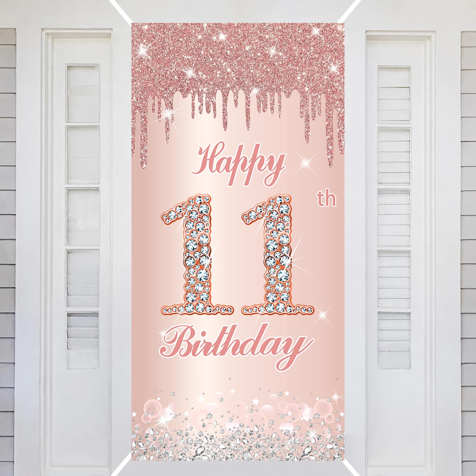 11th Happy Birthday Decorations Door Banner Pink Rose Birthday Banner for Party Backdrop for Women Door Cover Party Decoration Supplies Poster