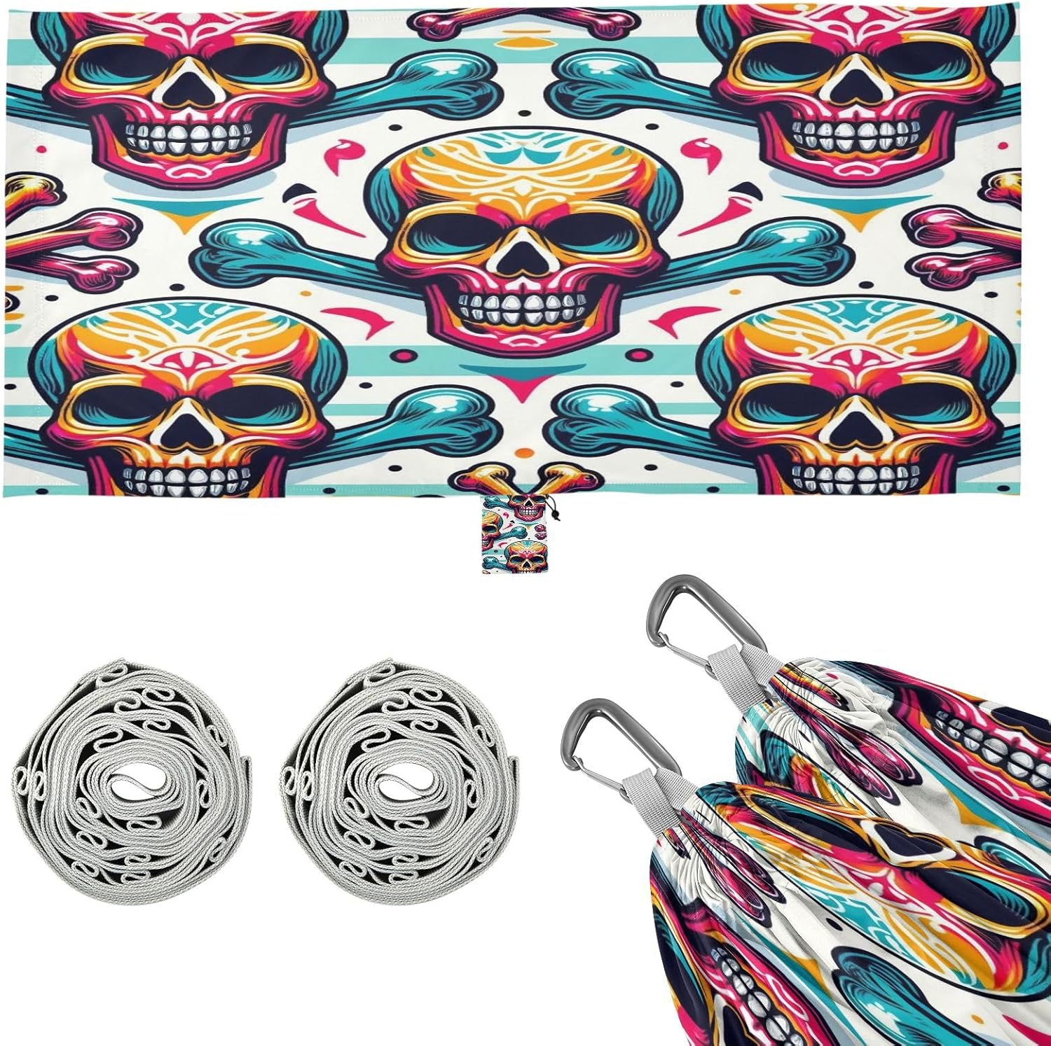 ALAZA Skull Bone Polka Dots Camping Hammocks Single or 2 Person 500 lbs Portable Parachute Travel Hammock w/Tree Straps for Hiking Backpacking Indoor Outdoor