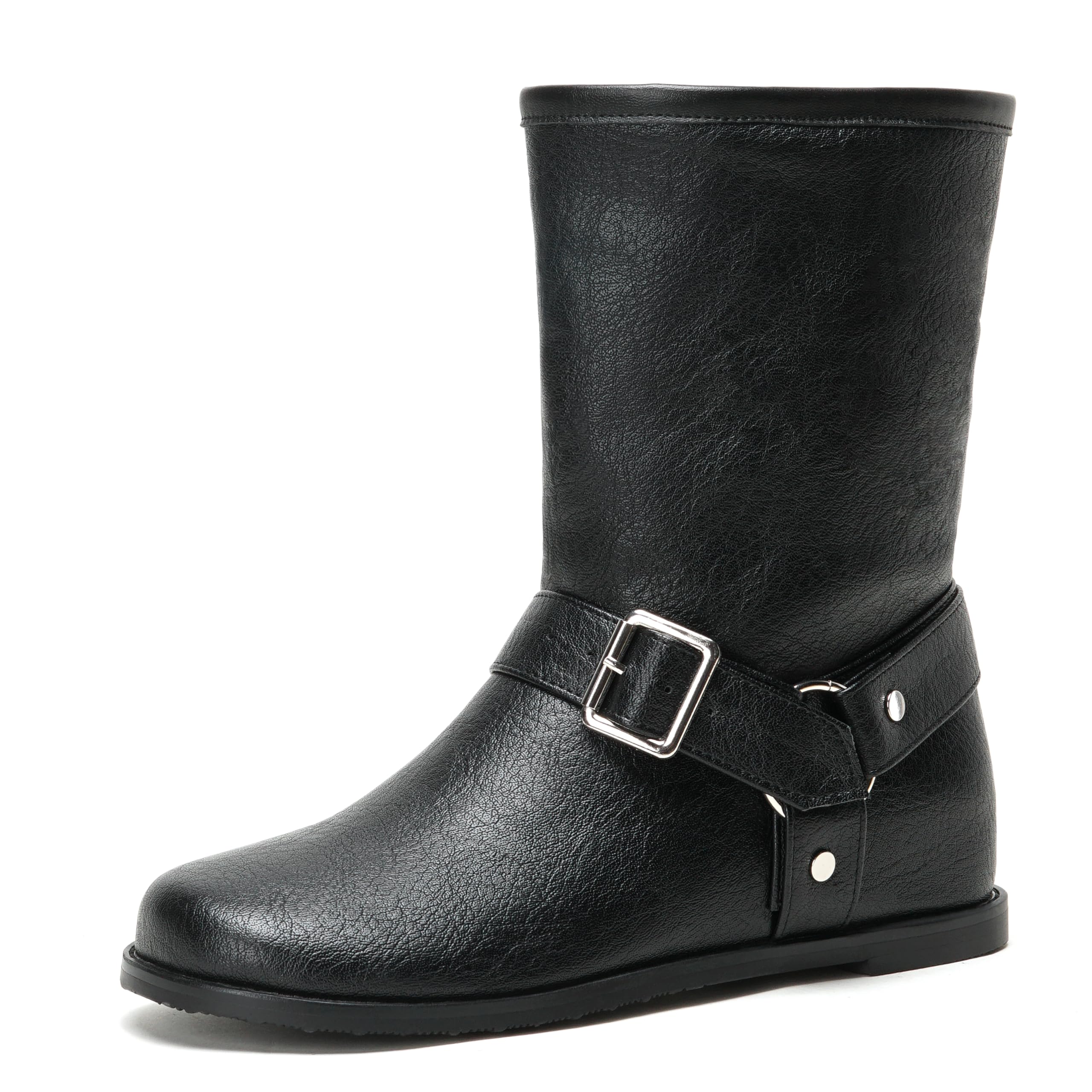 Cozivwaiy Black Ankle Boots For Women Round Toe Flats Comfortable Slip On Buckle Riding Low Heel Dress Casual
