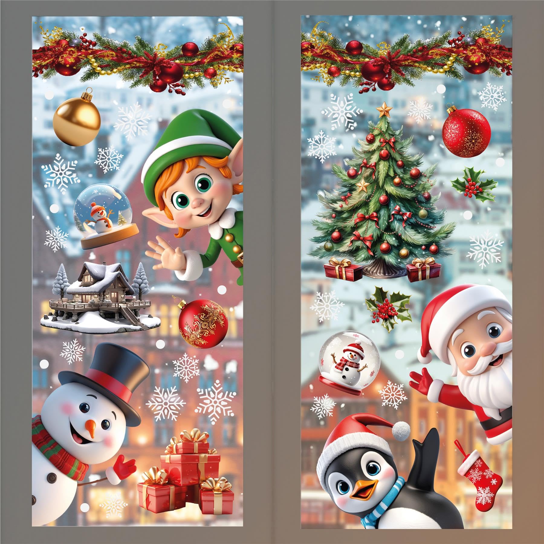 WALPLUS 149 PCS Xmas Window Clings Double Sided Christmas Window Clings Reusable Christmas Window Stickers Removable Peeking Santa & Friends with Snowflake Window Stickers