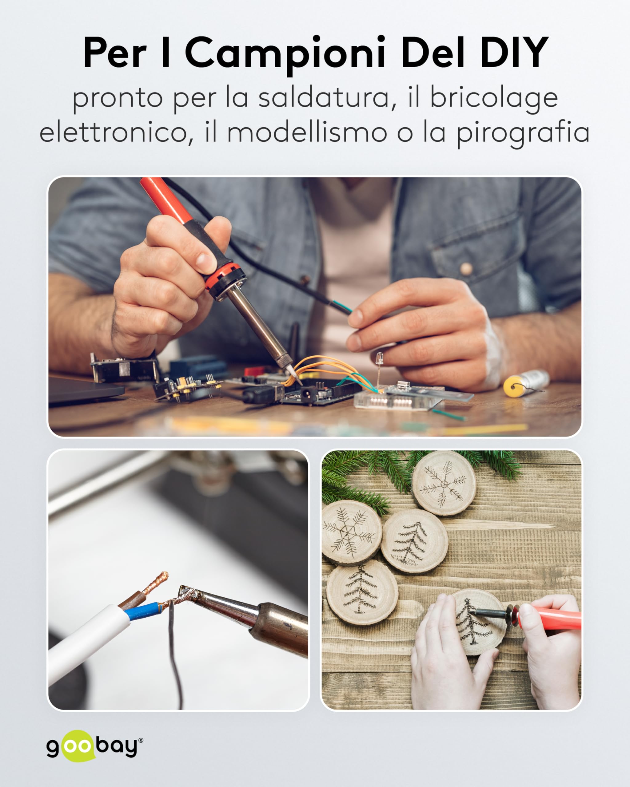Stazione di saldatura digitale goobay 70 W, 160–480 °C, tempo di riscaldamento 8 sec, display LED, funzione di memoria, incrementi di 1 °C, per elettronica, modellismo, incl. saldatore e accessori