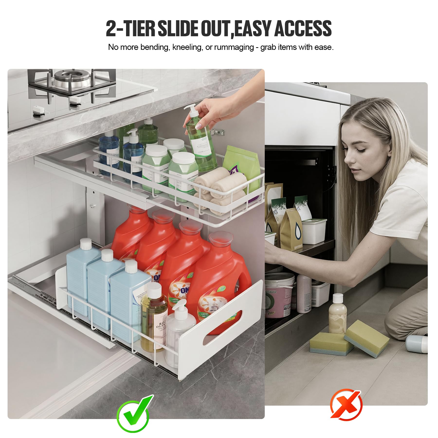 Organizador para debajo del fregadero actualizado a rieles profesionales, almacenamiento de gabinete extraíble doble de 2 niveles, cajones deslizantes de altura ajustable para baño y cocina