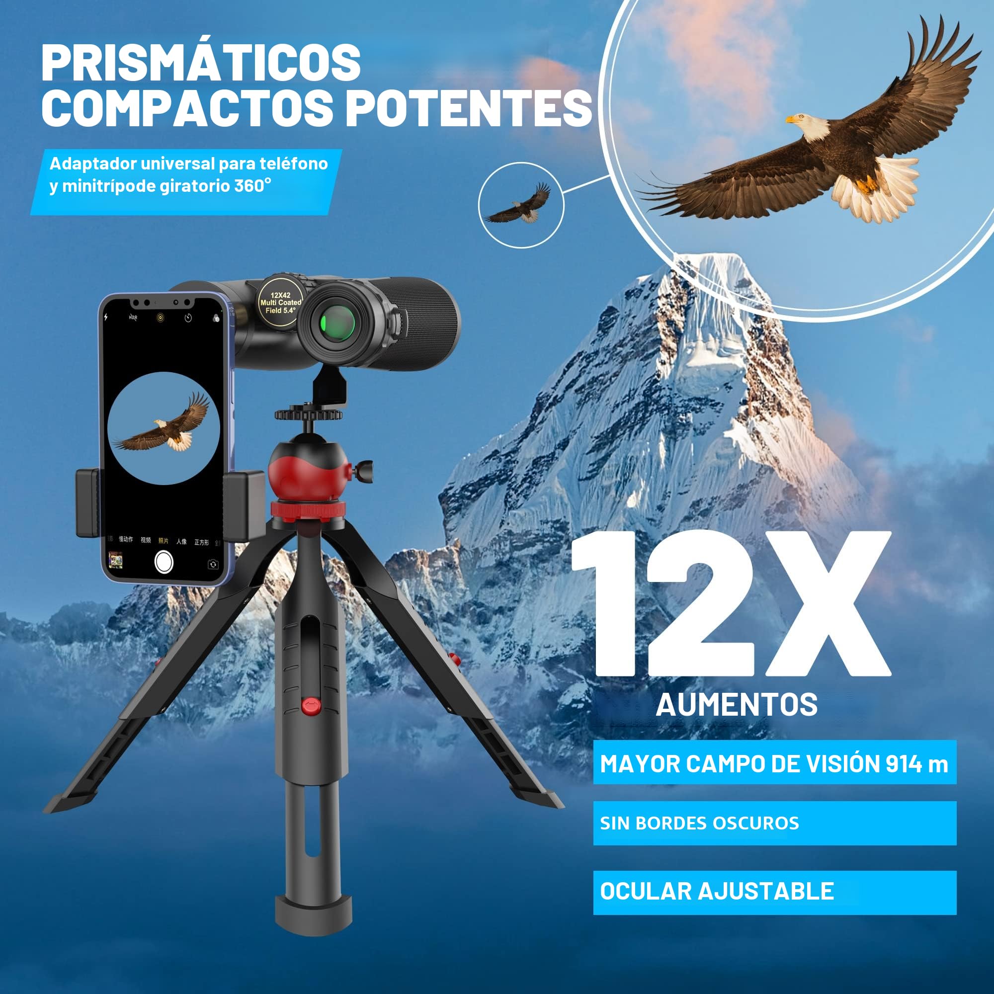 Prismáticos, Kylietech 12X42 Prismaticos Portátiles para Adultos- Prismas BaK4 y Lentes FMC, con Trípode y Adaptador para Teléfono, para Observación de Aves, Senderismo, Caza