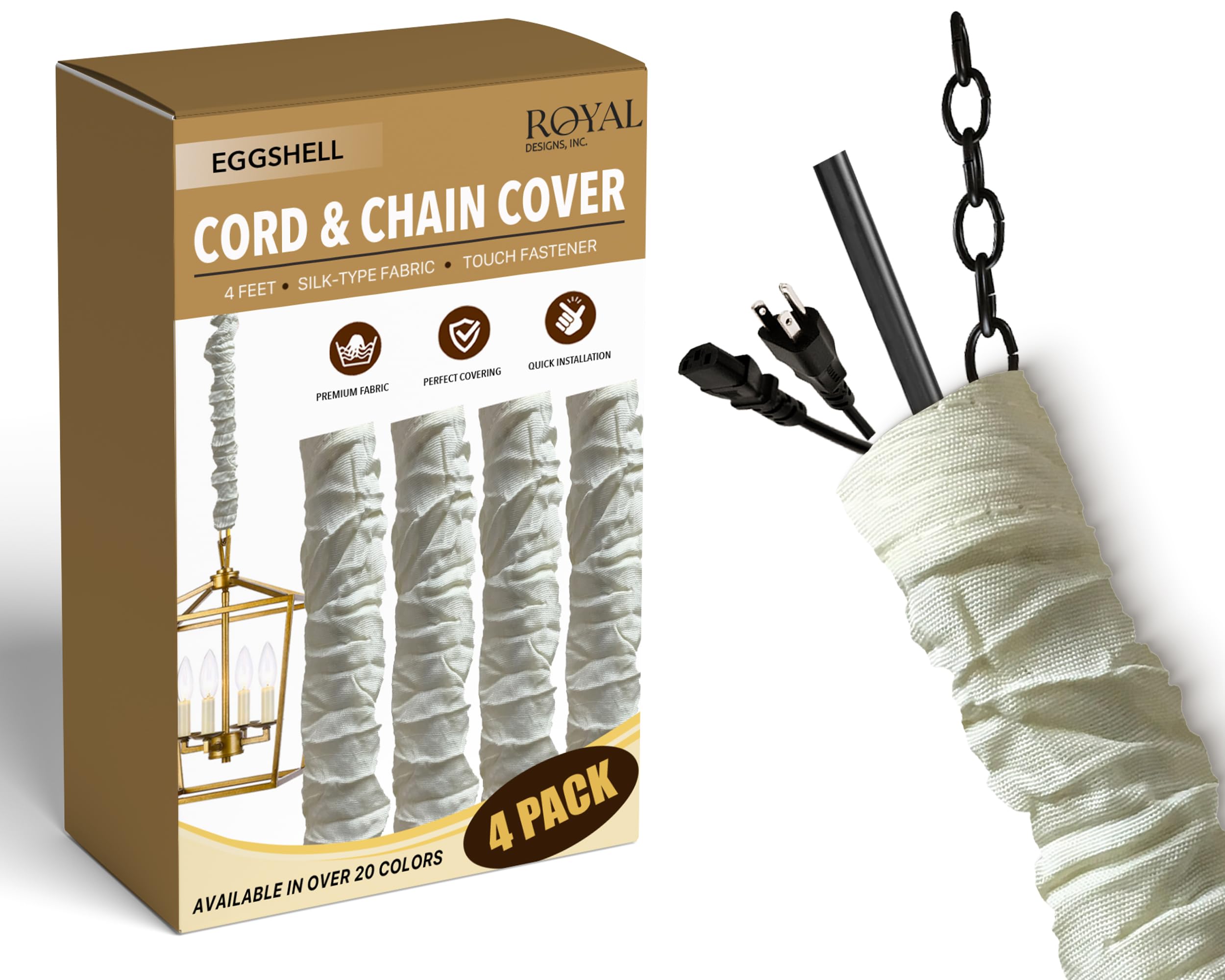 Royal Designs, Inc. Cord &amp; Chain Cover 4 ft Silk Type Fabric, Chandelier Pendant Lighting Chain &amp; Cable Management, Touch Fastener, Eggshell - 4 Pack
