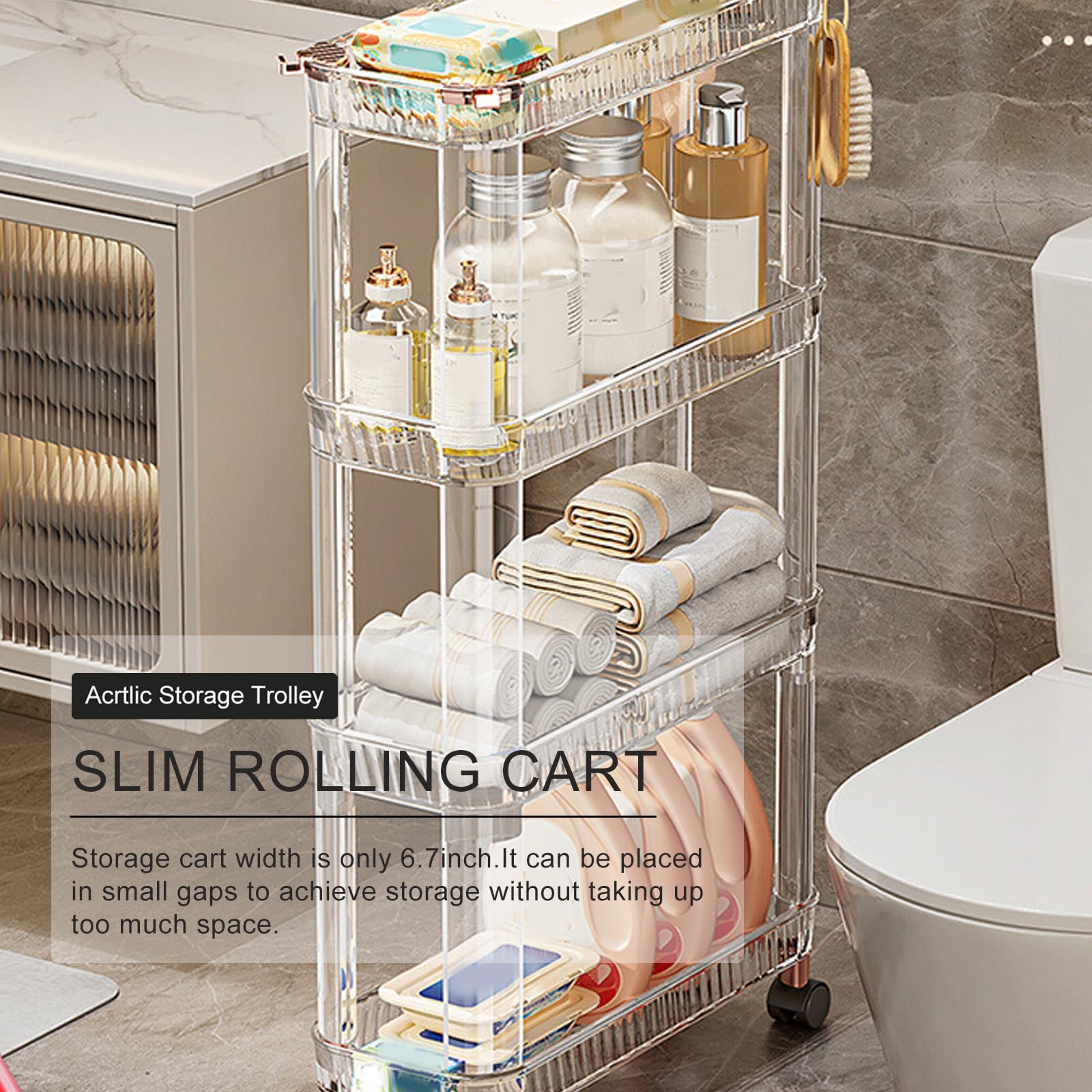 Carrito Multifuncional de acrílico con Ruedas, Carrito utilitario Delgado de 3 Niveles con Ruedas bloqueables para baño, Cocina y lavandería - Solución de Almacenamiento ecológica