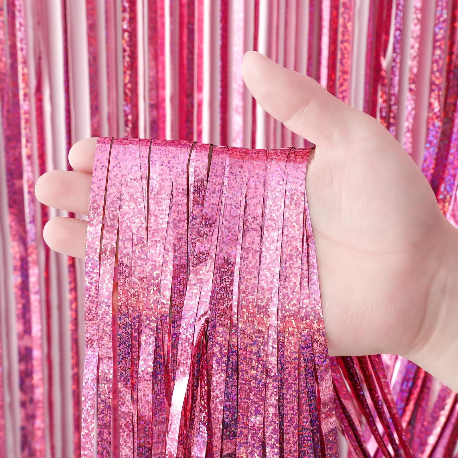 Voircoloria 4 Pack 3.3x8.2 Feet Laser Pink Foil Fringe Backdrop Curtains, Tinsel Streamers Birthday Party Decorations, Fringe Backdrop for Graduation, Baby Shower, Gender Reveal, Disco Party