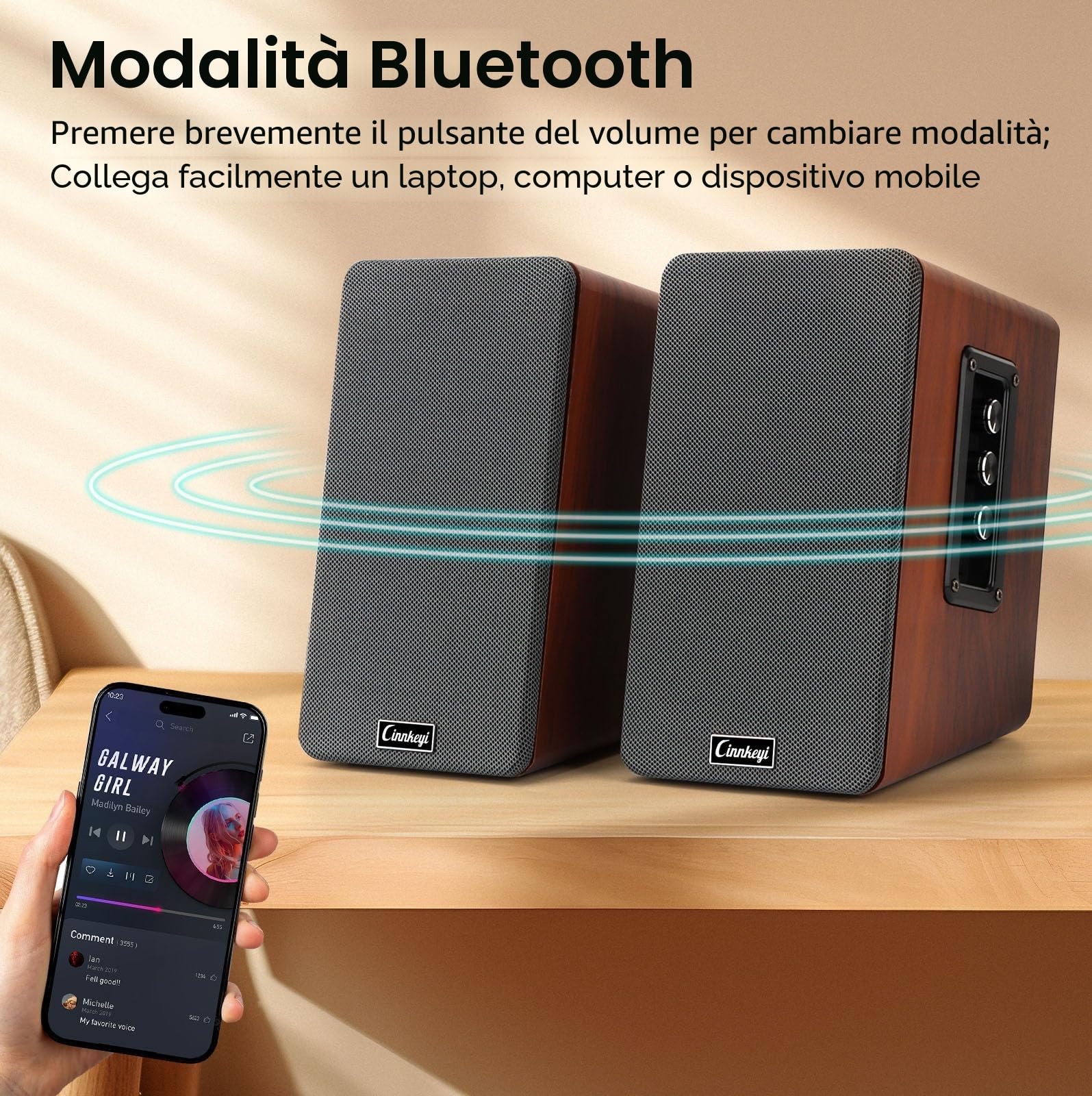 Diffusori da scaffale in legno da 50W, diffusori attivi 2.0 per computer | Ingressi: Bluetooth, RCA, AUX (3,5 mm), USB | Bassi potenti, diffusori per PC, TV, laptop, giradischi
