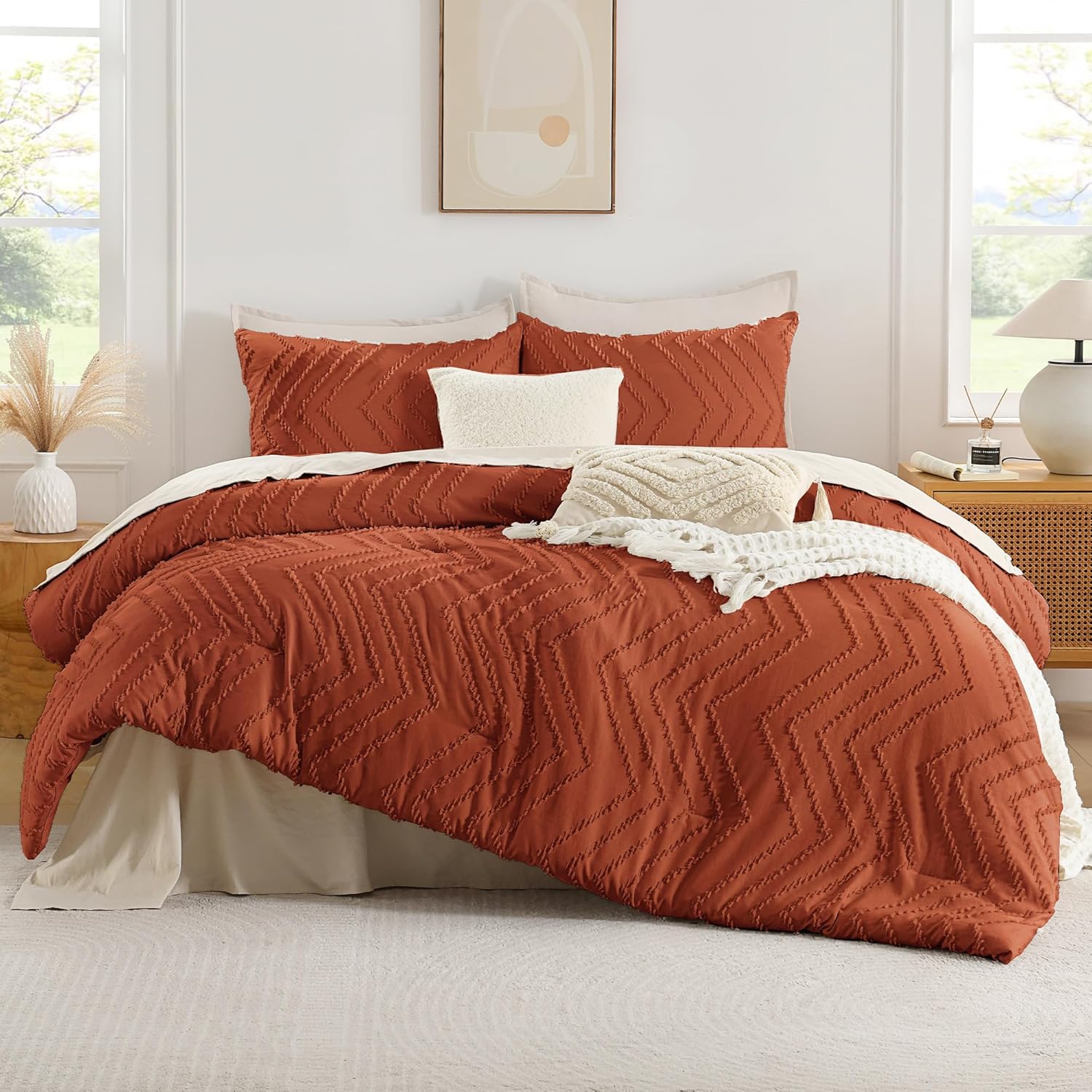 Andency Burnt Orange King Size Comforter, Boho Terracotta Soft Warm Bedding Comforter Sets for King Bed, 3 Pieces Rust Chevron Tufted Aesthetic Microfiber Lightweight Comforter Set - Image 2