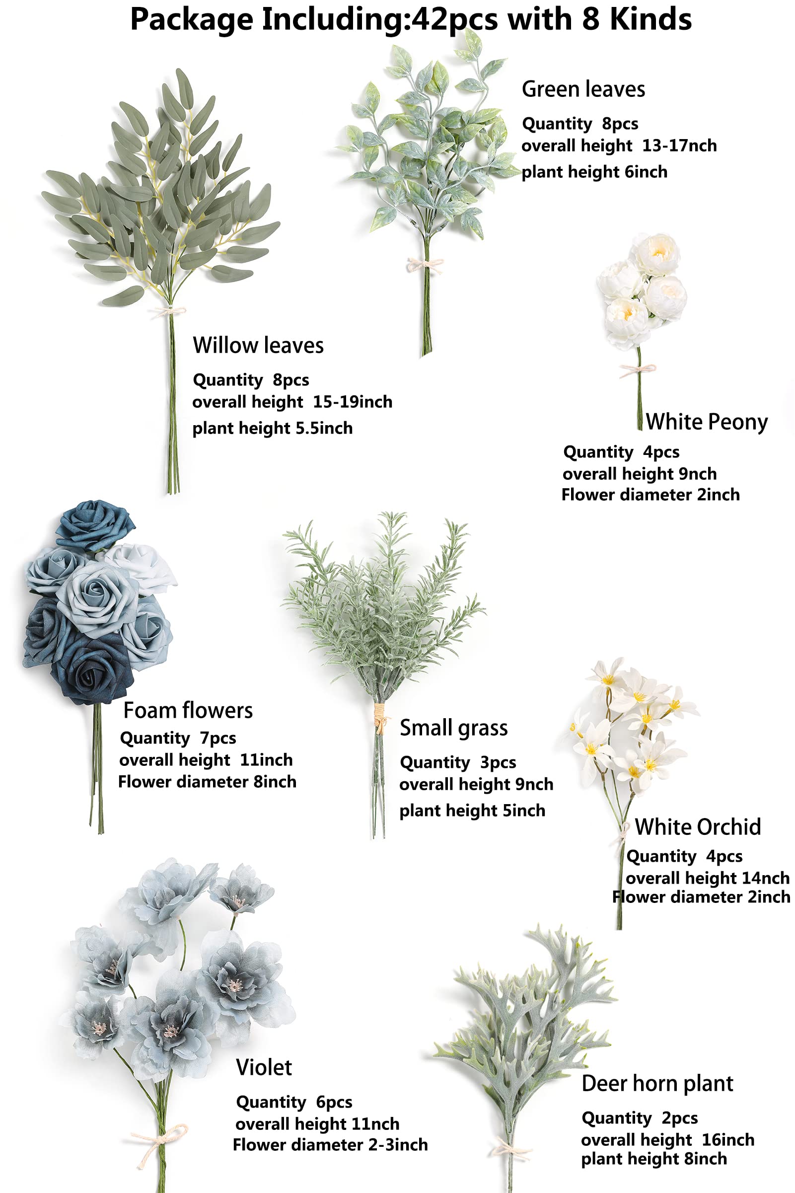 Serra Flora Fake Plant Filler Artificial Greenery Stems Combo Box Set 42pcs with 8 Kinds of Faux Greenery Picks for DIY Bridal Bouquets Wedding Floral Arrangement Table Centerpieces